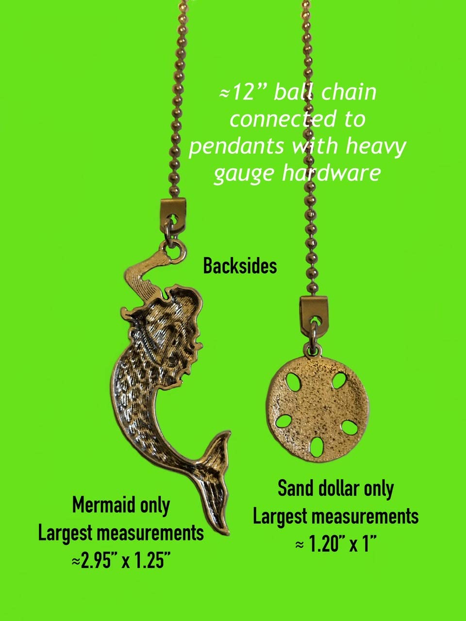 Large Mermaid & Sand Dollar Fan Light Pull Chain Ornament Extender Set Silver Tone