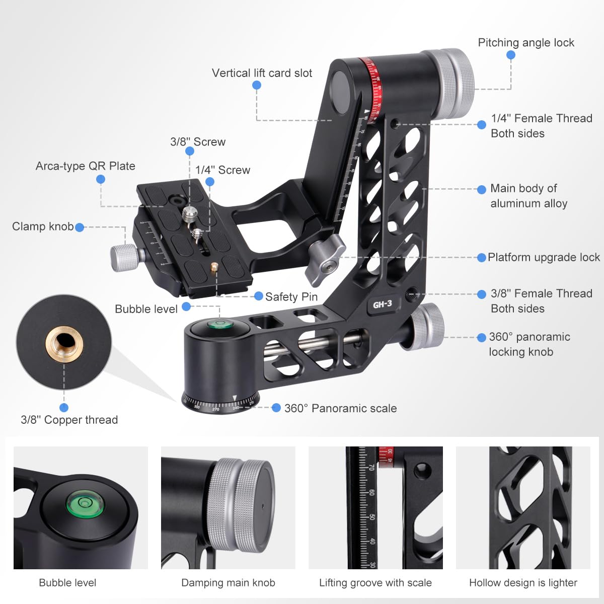 Koolehaoda Professional Gimbal Head Tripod Head Aluminum Alloy Heavy Duty 360    Panoramic With Arca Swiss Standard 1/4 Inch Qr