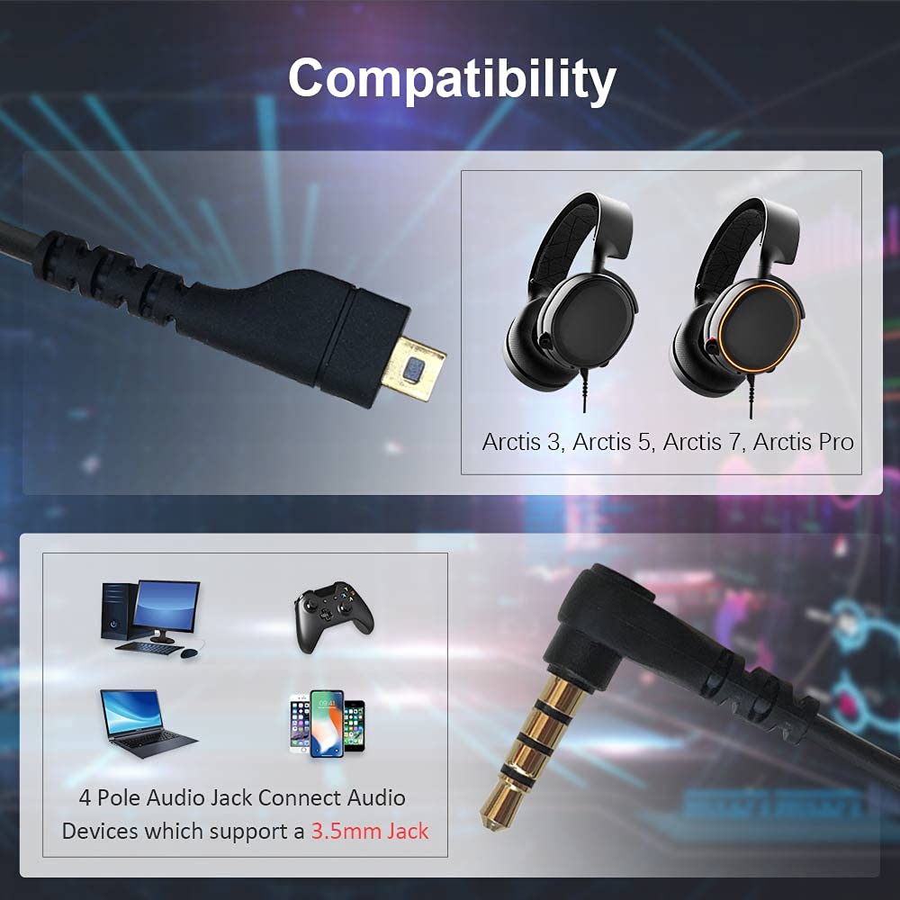 Qjyth Replacement Audio Cable Compatible With Steelseries Arctis 3 Headset, Aux Cable For Steel Series Arctis3, Arctis 5, Arctis