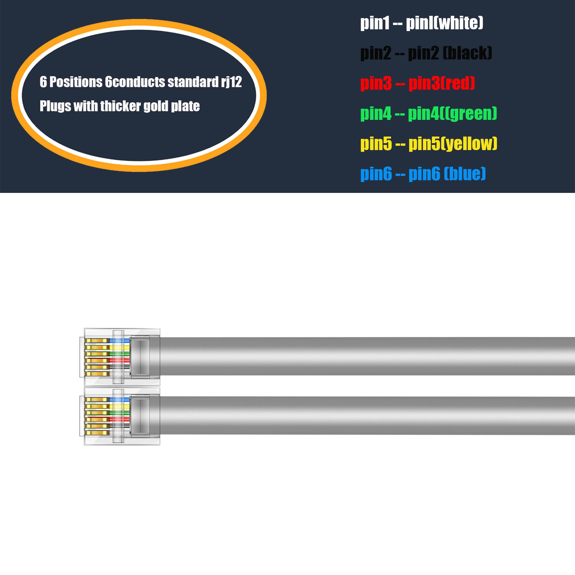 Jmzly Rj12 Cable Phone Cord Rj12 6P6C Male To Male Straight Wired For Both Data And Voice Use Silver   15 Feet 3 Pack