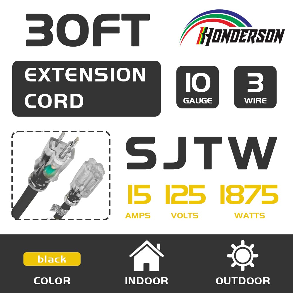 Honderson 30Ft Lighted Outdoor Extension Cord   10/3 Sjtw Heavy Duty Black Extension Cable With 3 Prong Grounded Plug For Safety