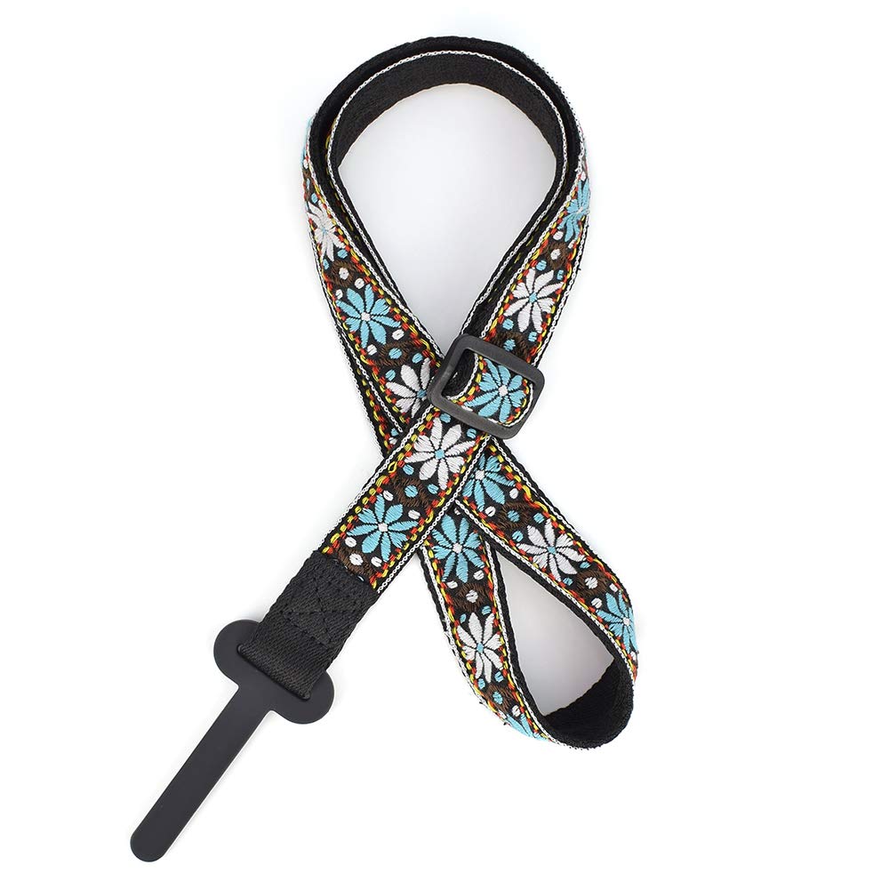 Cloudmusic Ukulele Strap Clip On No Drill J Hook For Soprano Concert Tenor Baritone With Hawaiian Colorful Floral Pattern(Blue W