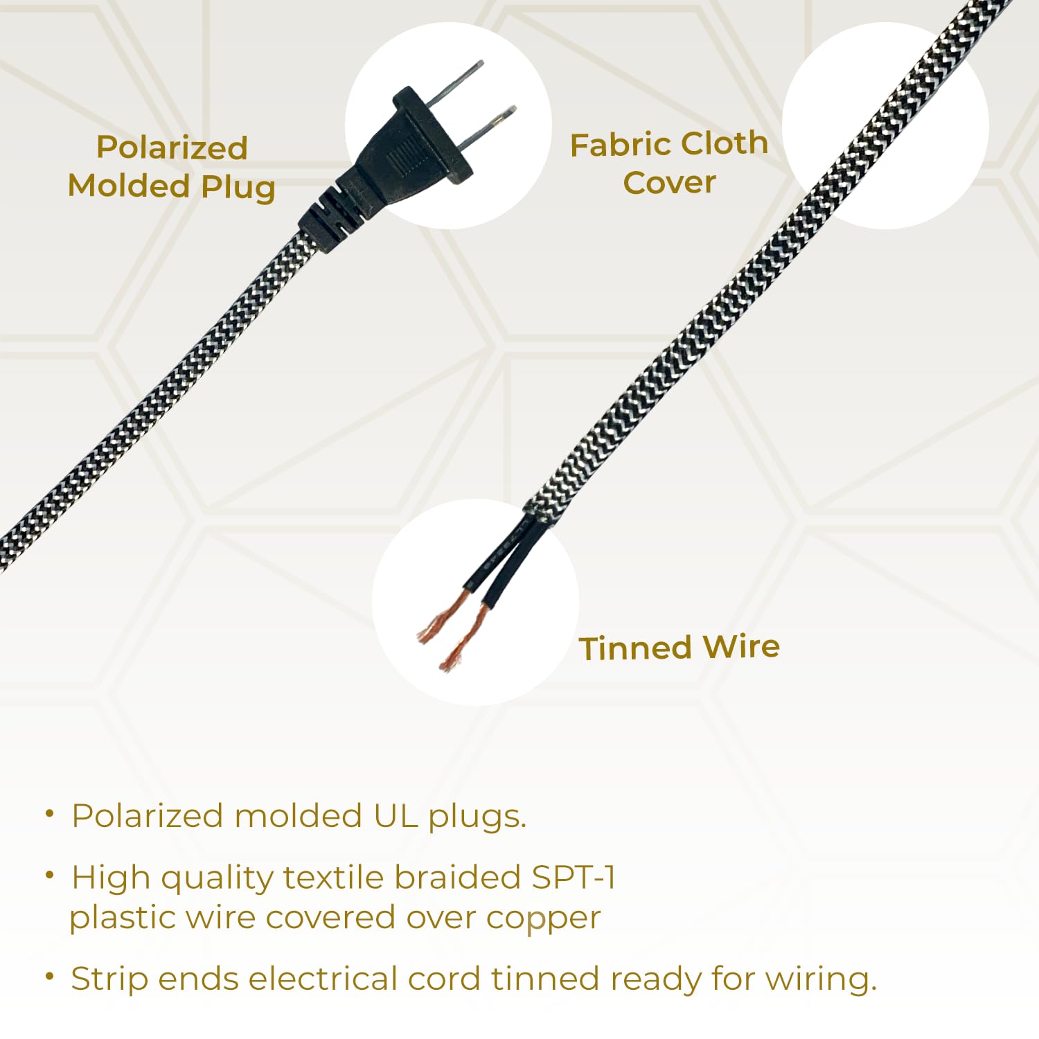 Royal Designs, Inc. Lamp Cord Molded Plug With Dimmer Switch, Stripped Ends Ready For Wiring, 8 Ft Long, Black/White, Spt 1 Ul L