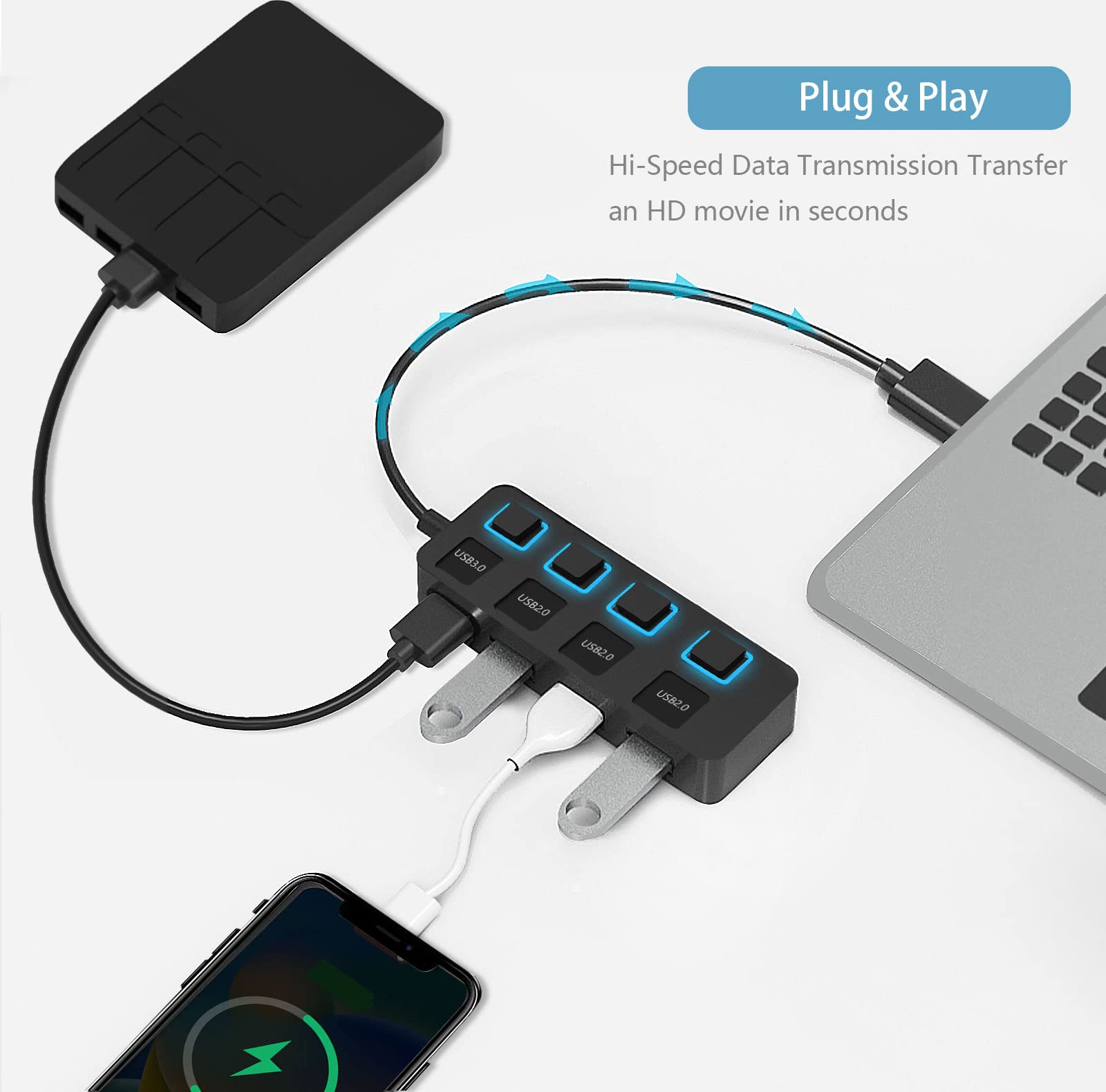Usb 3.0 Hub,4 Port Mini Usb Hub 3.0,2.0 Hub With Individual Led Power Switches,Usb Expander For Laptop,Pc,Macbook,Flash Drive,Console, Printer,Camera,Keyborad,Mouse,And More Usb Devices