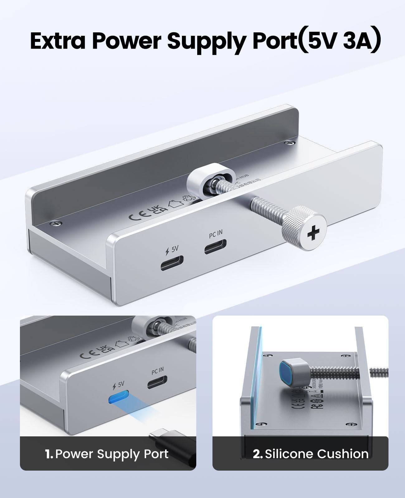 ORICO USB Hub 3.0, Clamp USB Hub with Extra Power Port, Aluminum 4 Port USB Adapter with 3 USB A Data Ports, USB C Port for Monitors, Desks(Silver)