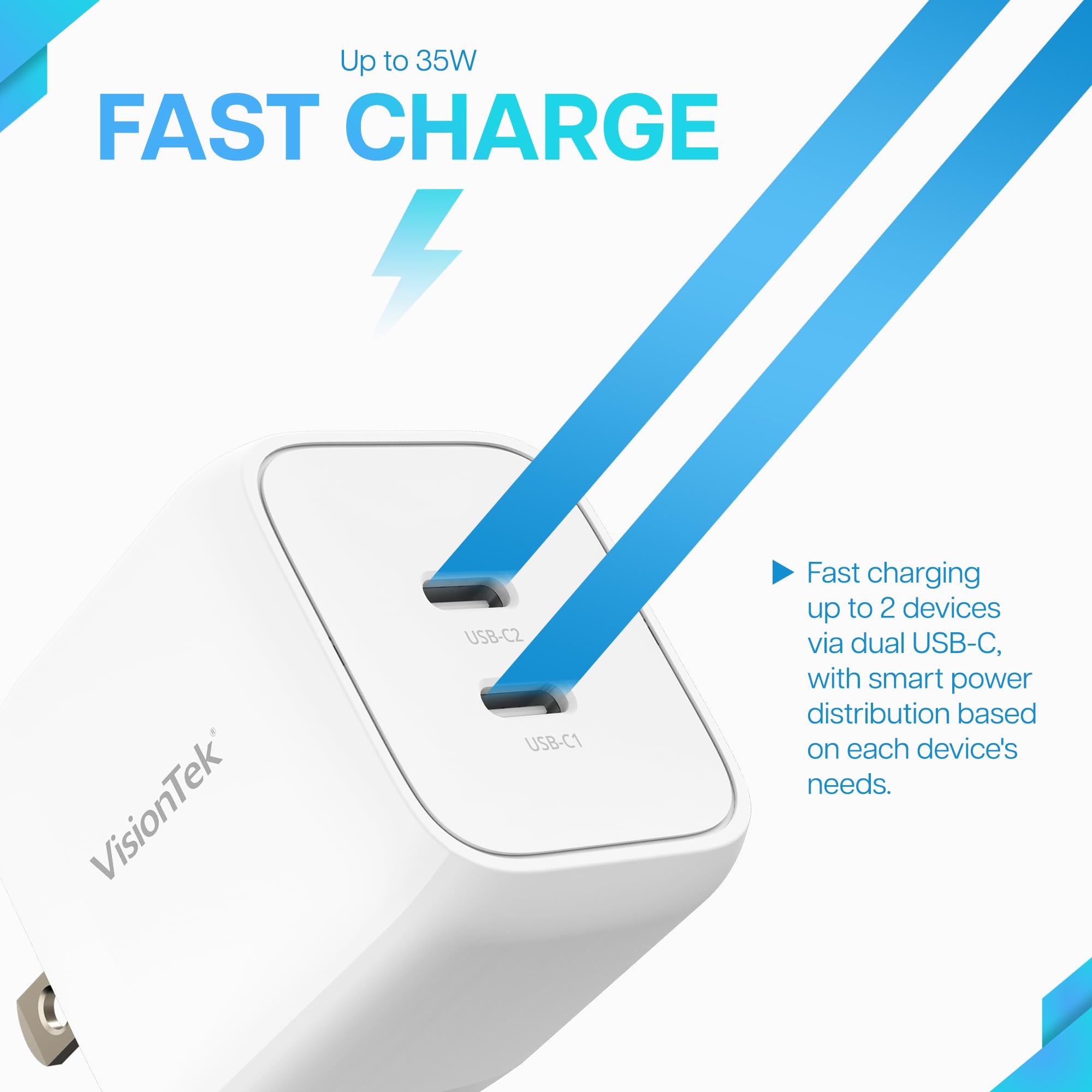 Visiontek Gan Ii 35W Wall Fast Charger - Dual Usbc Ports - 2X Usb-C - Compatible With Ipad, Iphone, Galaxy, Steam Deck, Tablets,