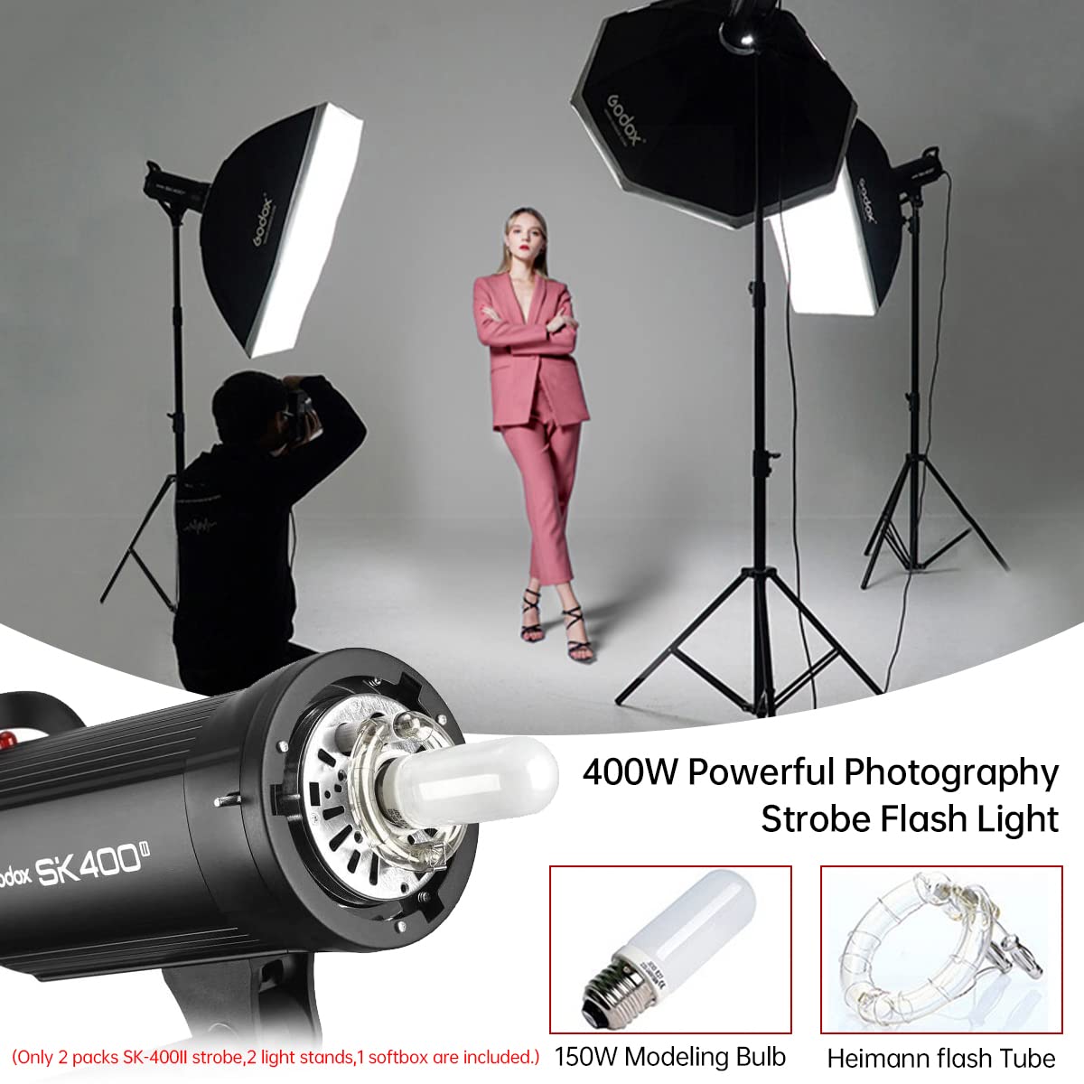 Godox 800Ws 2Packs Sk400Ii 2.4G Studio Strobe Flash Light Kit,Gn65 5600K Monolight Bowens Mount Flash For Studio Photography Wit