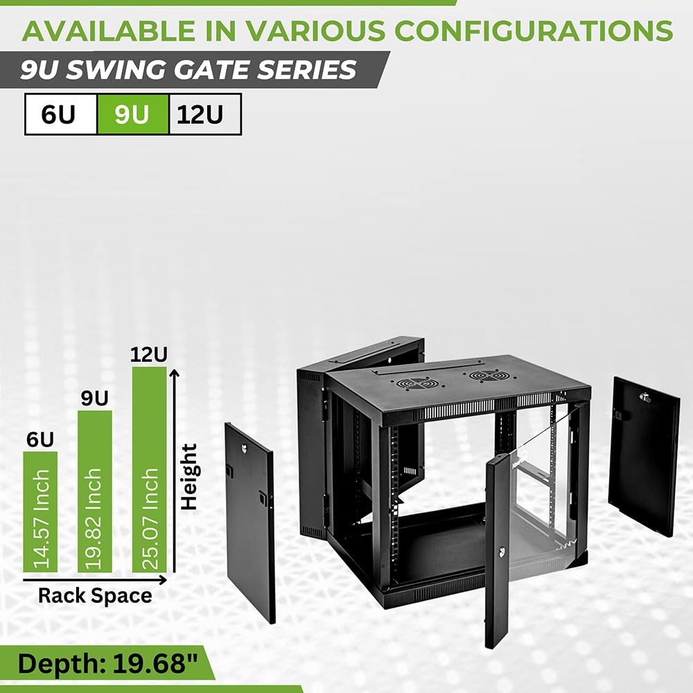 Navepoint 9U Server Cabinet With Hinged Back   25.5    Deep, 9U Server Rack Enclosure With Locking Glass Door, Wall Mount Rack W