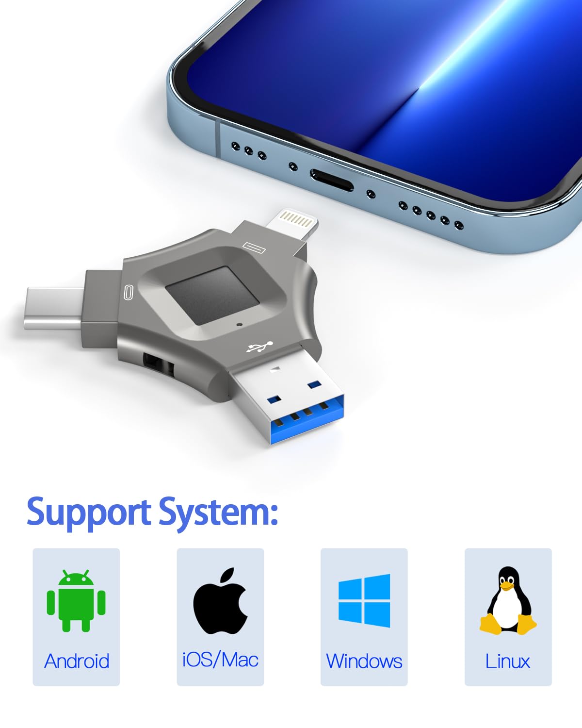 64Gb, Fingerprint Unlocked Usb Flash Drive, Secure Password Protected Usb Disk,Suitable For Iphone 3 In 1 Encrypted Drive,Encryp