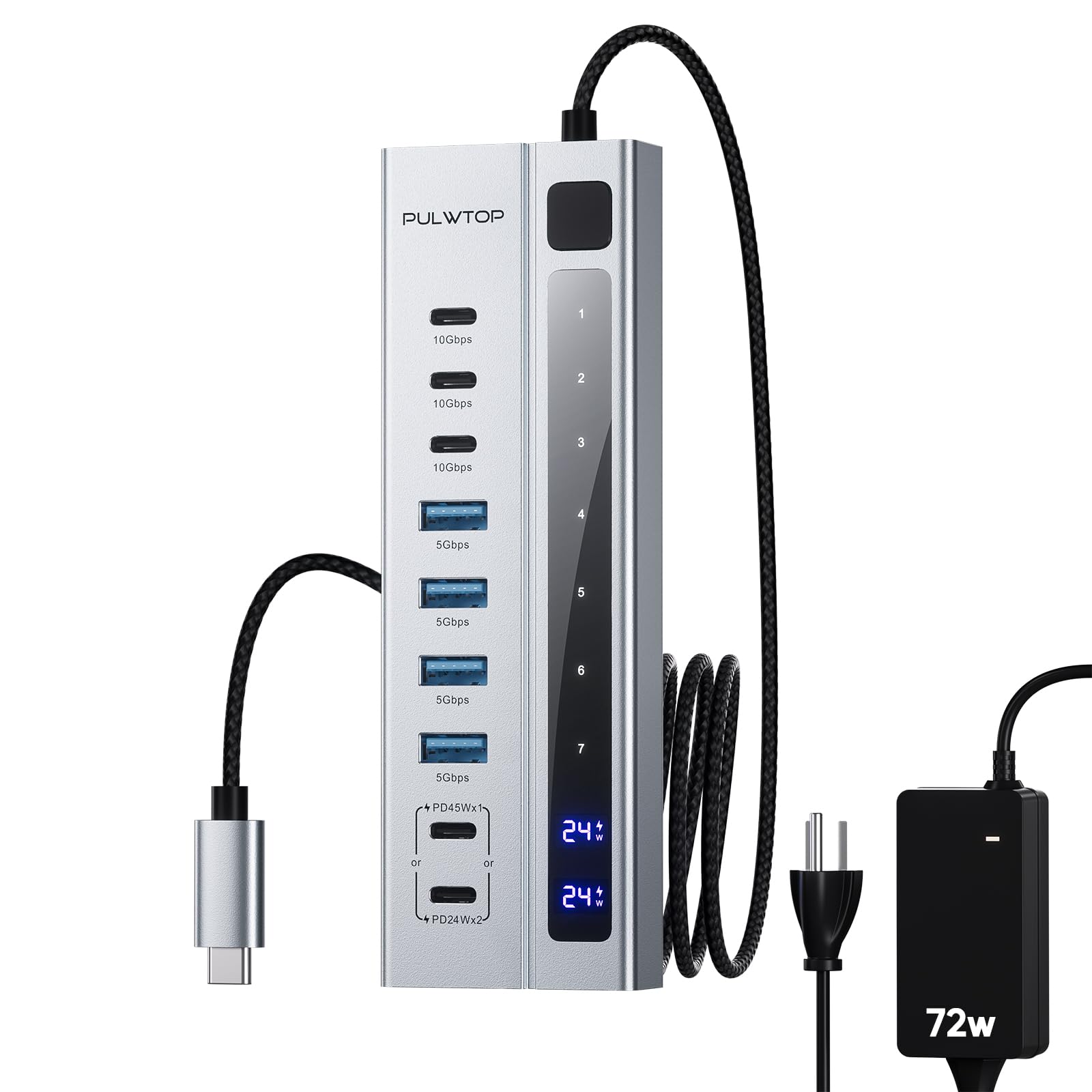 Pulwtop Powered Usb C Hub,Usb Hub Pd 45W Charging(Not Support Video),9 Port Support 10Gbps Data 3 Usb C 3.2,4 Usb 3.0 Ports With