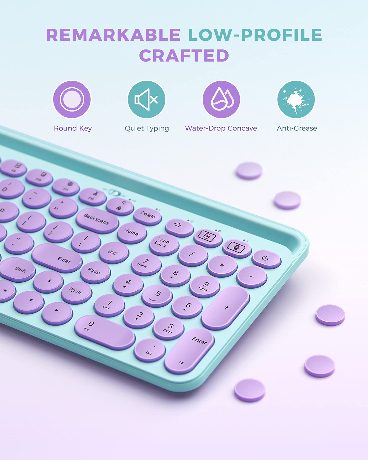 Seenda Cute Wireless Bluetooth Keyboard, Bluetooth + 2.4G Round Key Typewriter Keyboard With Number Pad, Phone Tablet Holder For Ipad, Andriod Phone, Macbook/Windows Computer Desktop, Sakura Pink