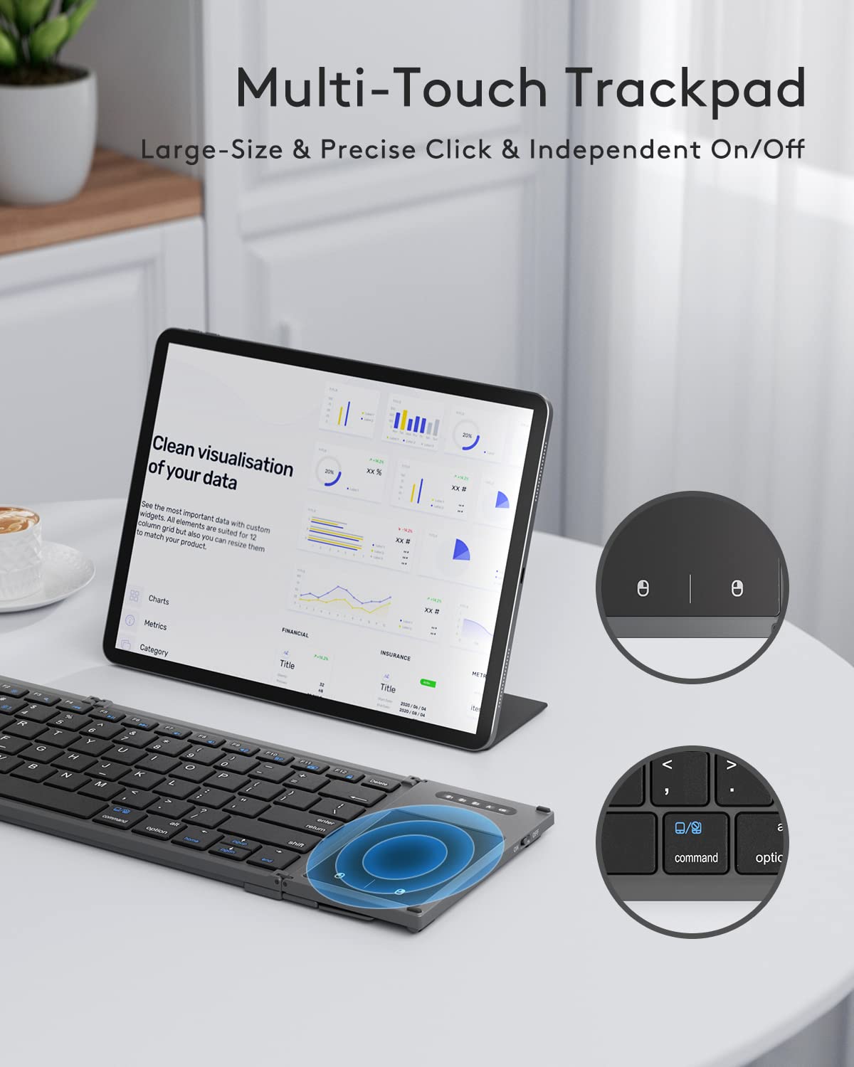 Samsers Foldable Bluetooth Keyboard With Touchpad, Full Size Wireless Folding Holder, Rechargeable Portable Travel For Ios Andro