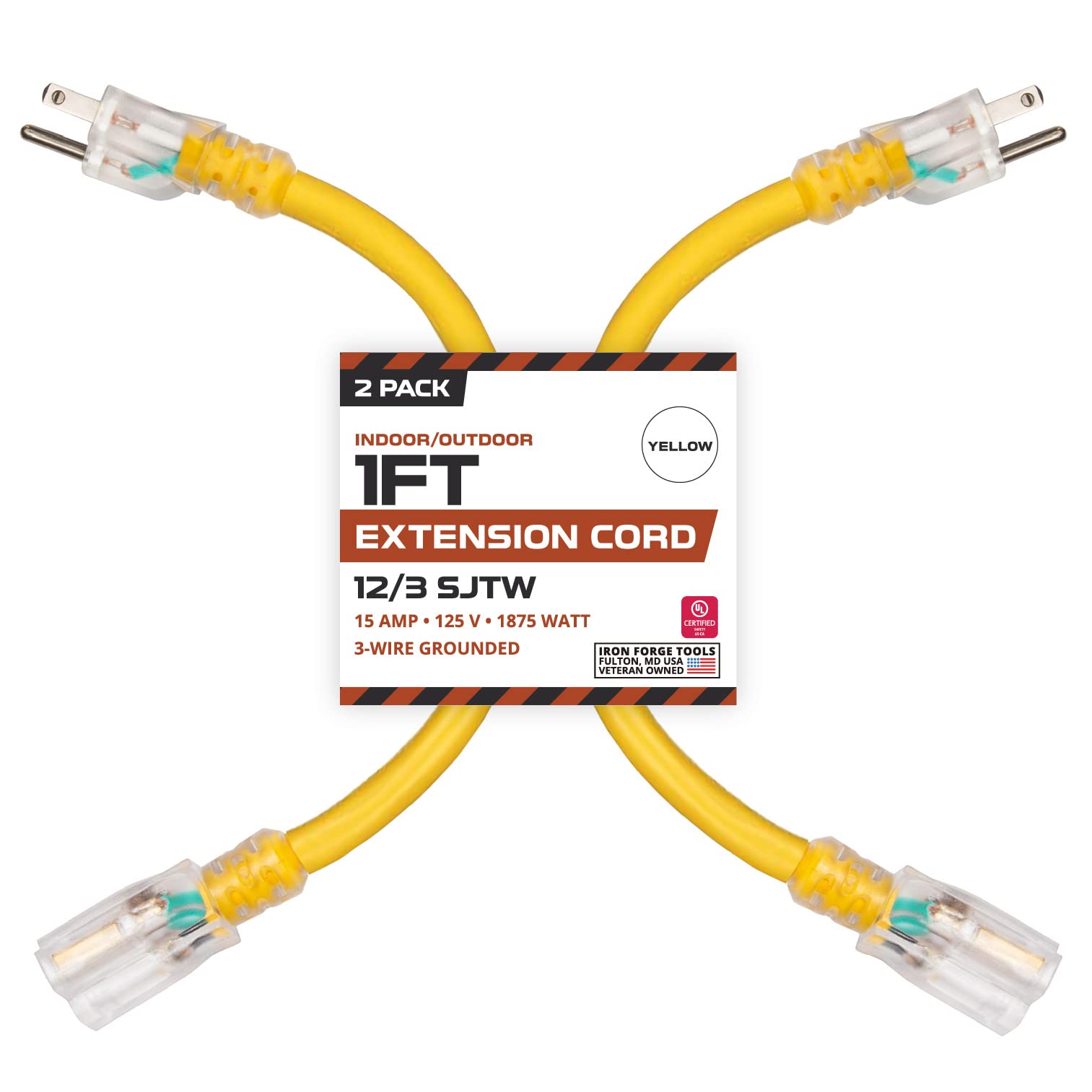 Iron Forge Cable Outdoor Lighted Extension Cord 1 Ft   12/3 Sjtw Heavy Duty 15 Amp Yellow Cable With 3 Prong Grounded Safety Plu