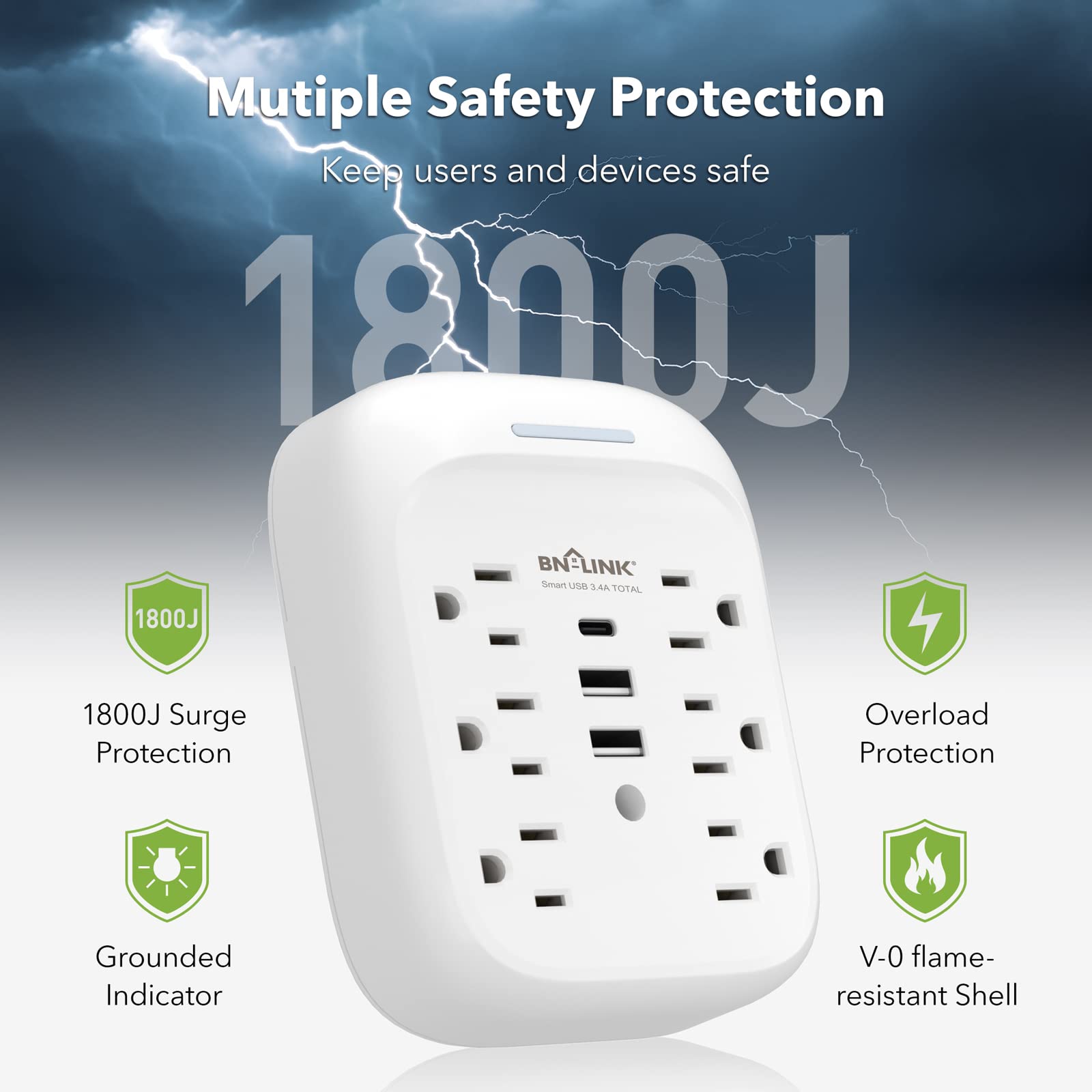 Bn-Link Surge Protector Usb Wall 6 Outlet Extender With 3 Usb Ports (Usb C), Multi Plug Outlet Expander, Electrical Splitter For