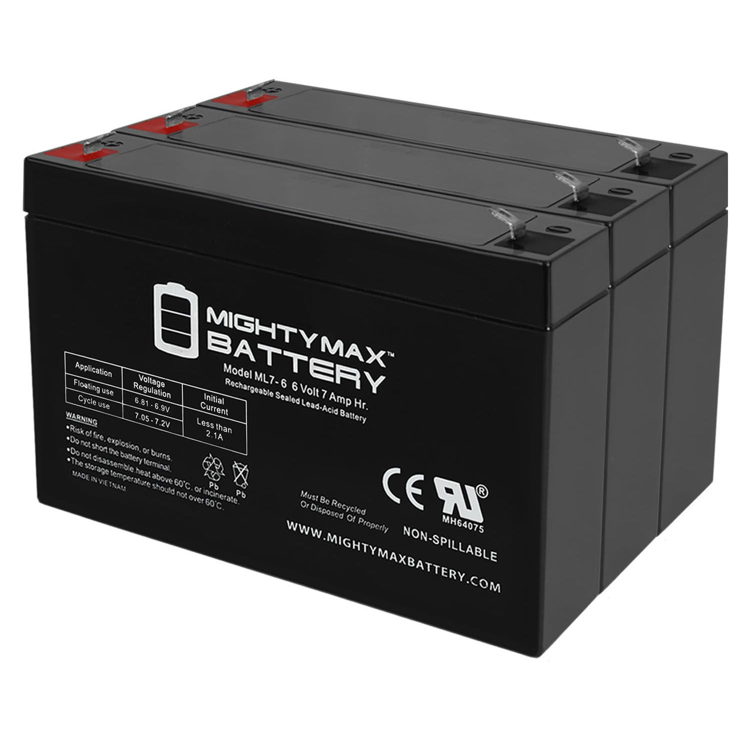 Mighty Max Battery ML7-6 6V 7AH SLA Battery F1 Terminal - Pack of 3