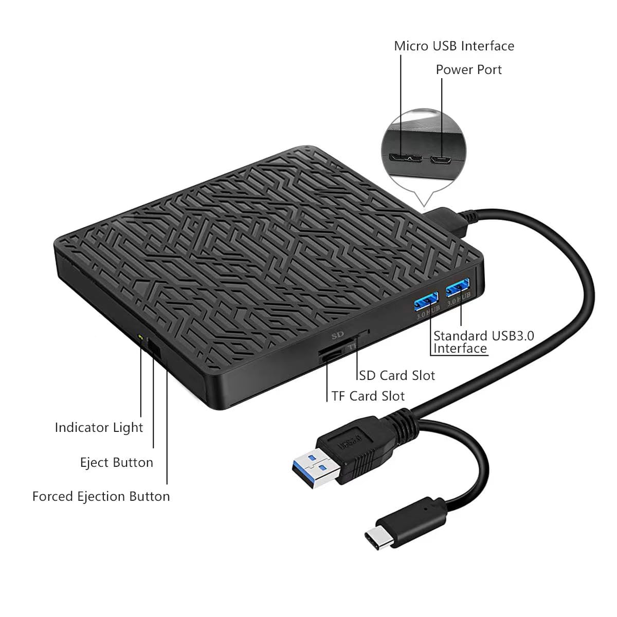Wintale External Blu Ray Drive, Usb3.0 Type C 3D External Blu Ray Burner Slim Optical Cd Dvd Drive Burner With Sd/Tf Card Reader