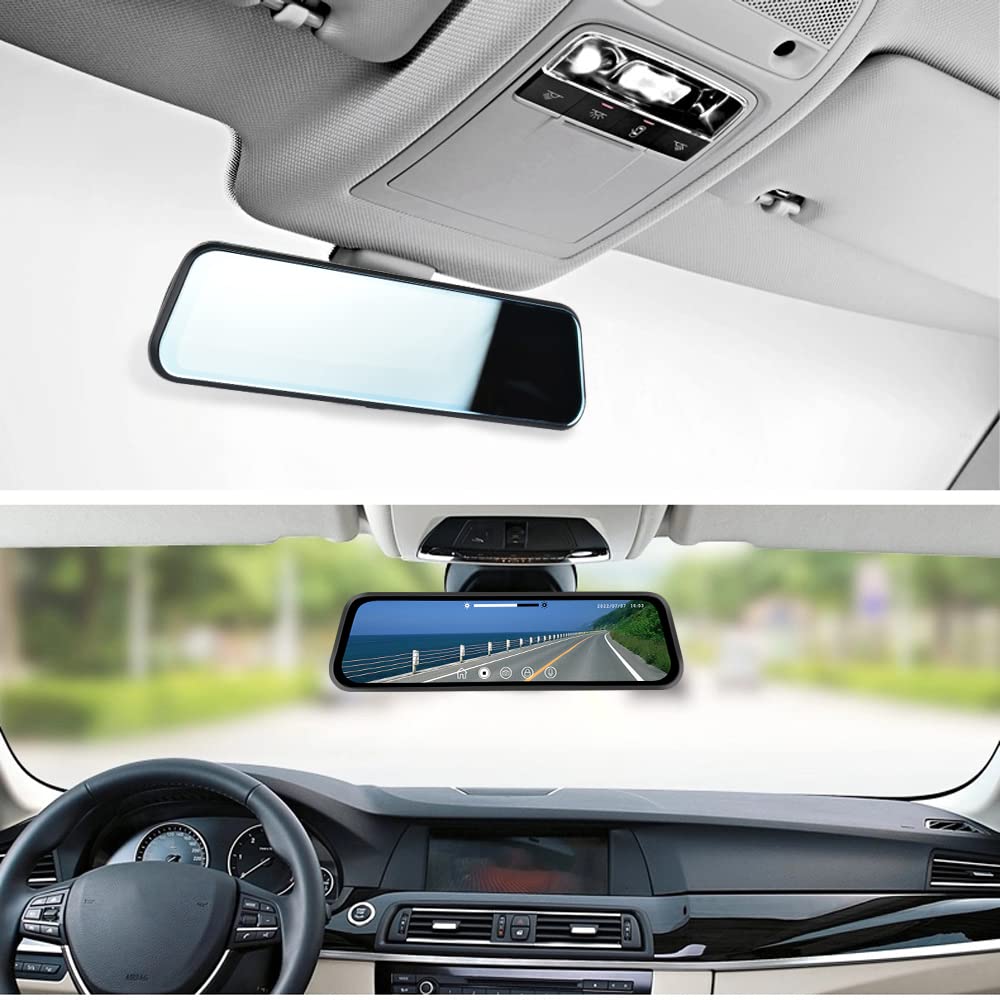 Camecho 9.66' Mirror Dash Cam Rear View Mirror Camera Front And Rear 1080P Backup Camera With 64Gb Card, Touch Screen Dual Front And Rear Camera/Night Vision/G Sensor/Parking Monitor/Loop Recording