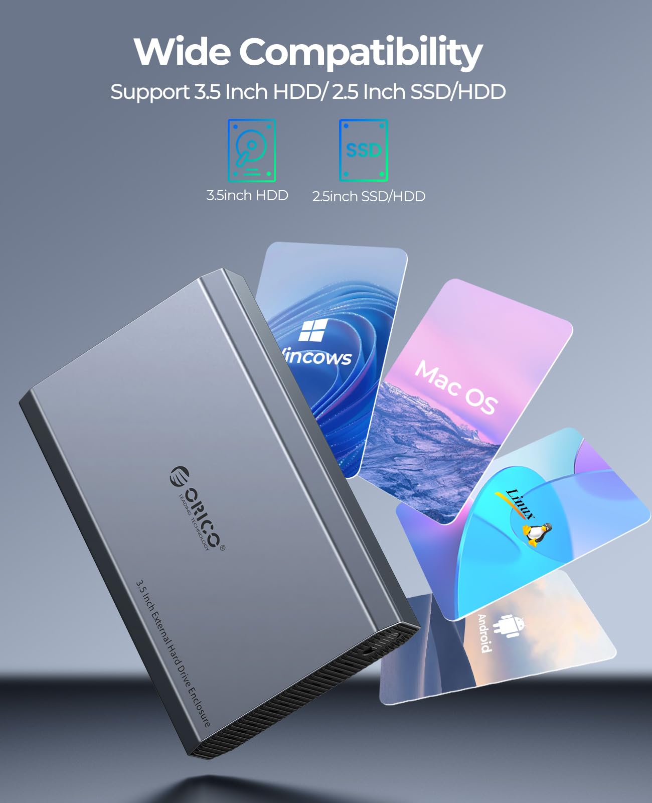 ORICO Aluminum 3.5 Hard Drive Enclosure with USB 3.2 Gen 2 6Gbps Transfer Speed, Fit for 3.5/2.5 Inch SATA HDD SSD Up to 20TB, USB C to USB C/A 2 in 1 Cable Compatible with MacBook Windows(DD35 C3)