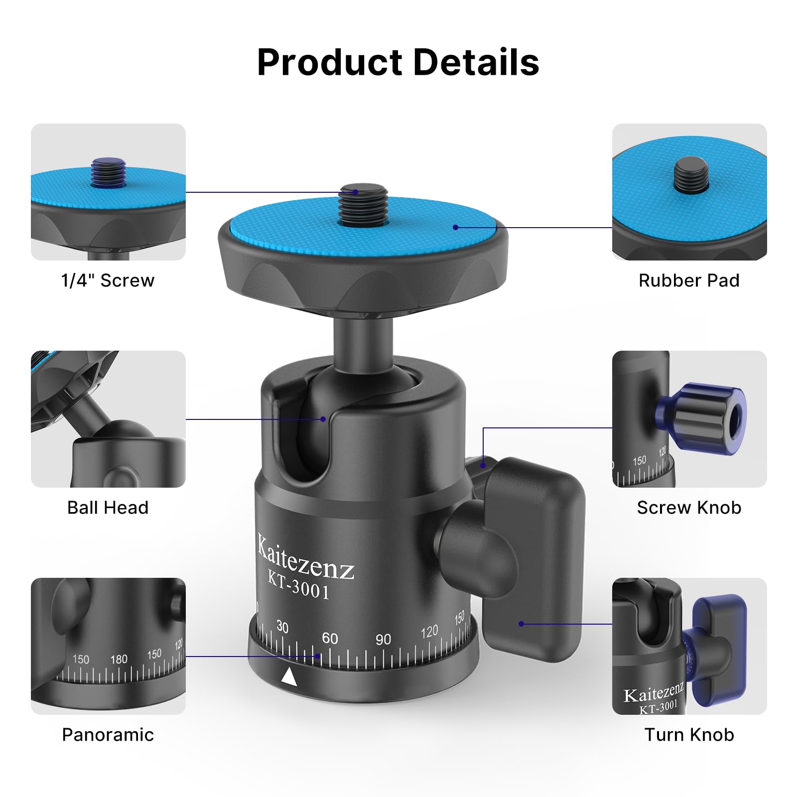 Kaitezenz Mini Ball Head, Panoramic Camera Tripod Head With 1/4'' Screw And Dual Hot Shoe Mount, 360 Rotatable Metal Adapter For