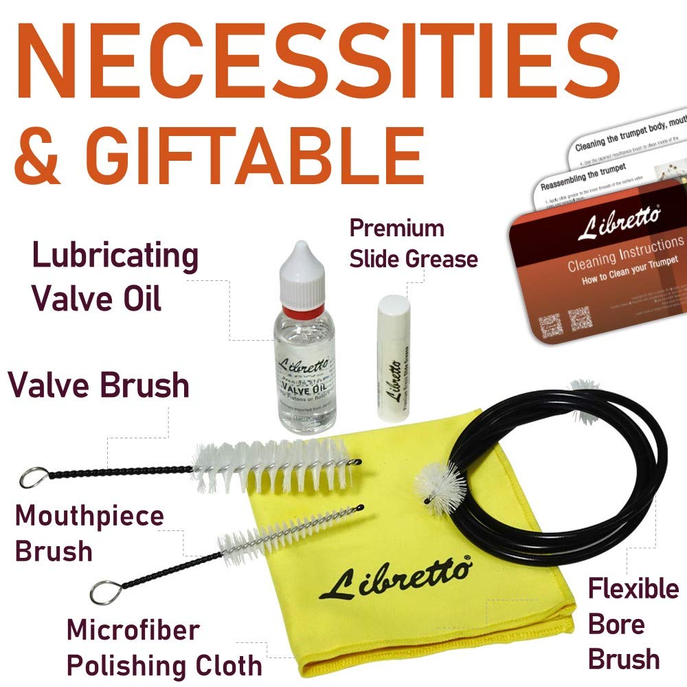 Libretto Trumpet (Cornet) All Inclusive Care Kit W/Instructions: Valve Oil+Slide Grease+Cleaning Cloth+Mouthpiece/Valve/Bore Bru