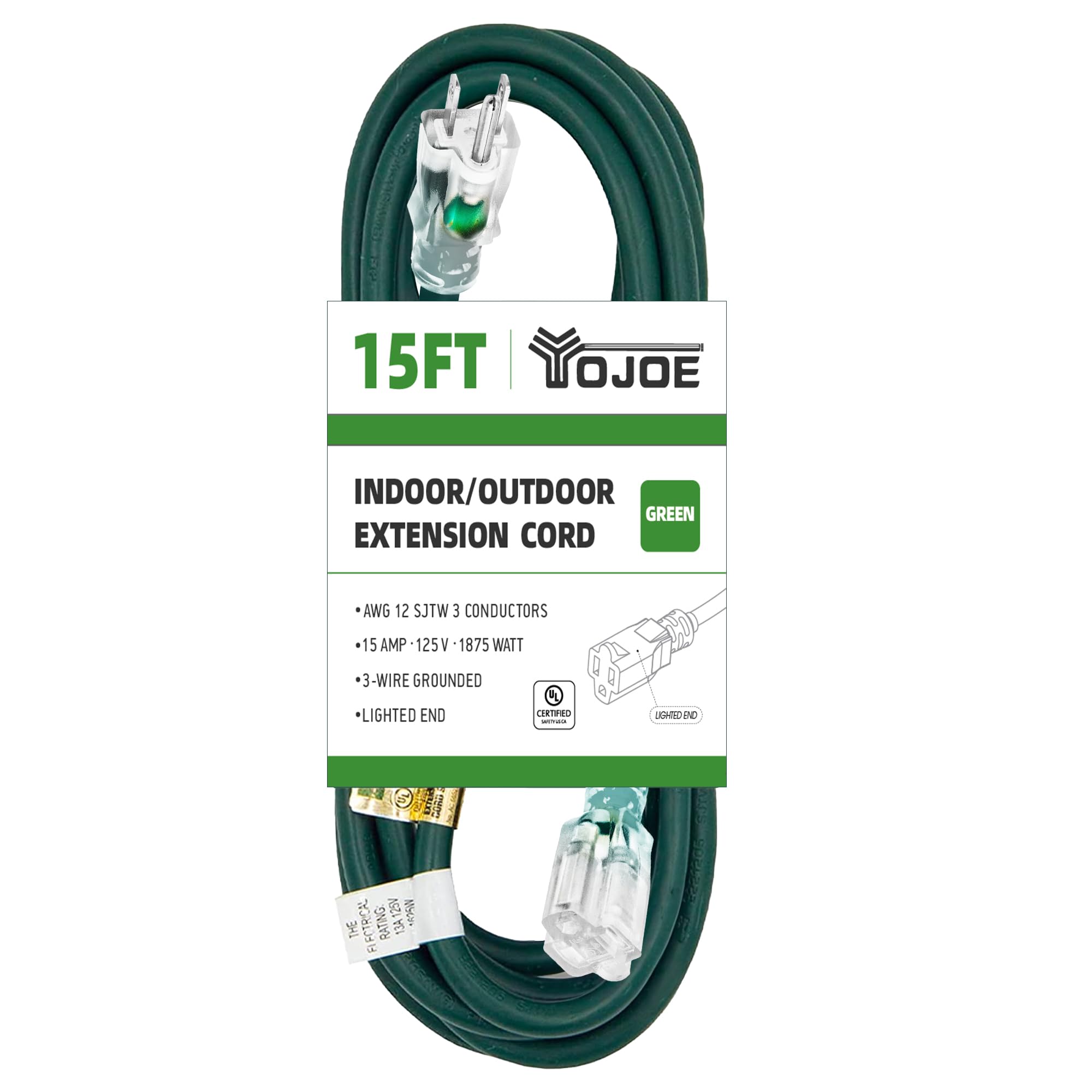 Yojoe Indoor Outdoor Extension Cord With Lighted End, 3 Prong 15A Weatherproof Power Extension Cord, 12 Gauge Heavy Duty 15 Ft G