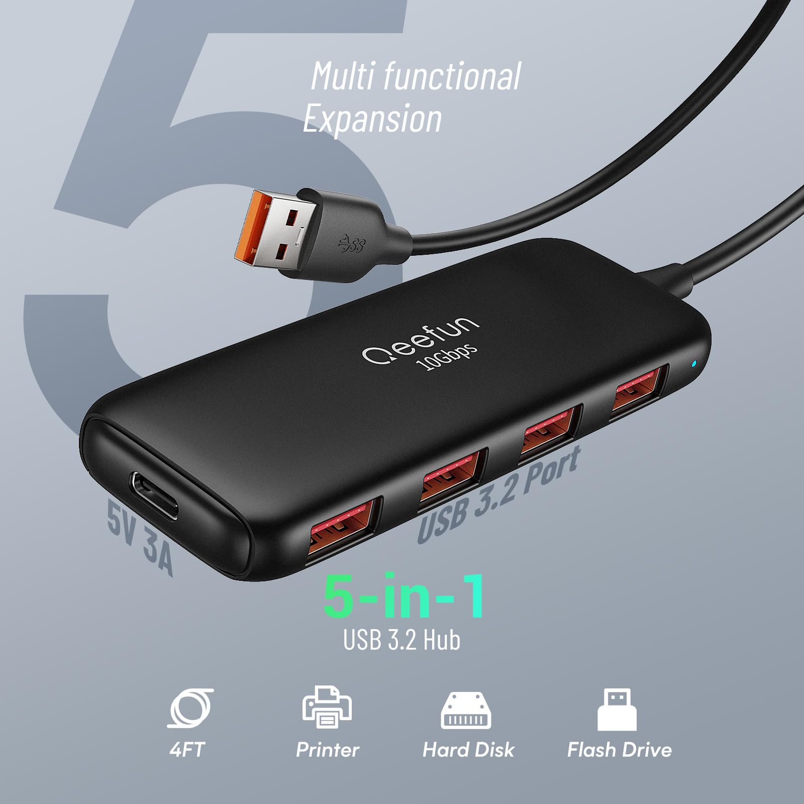 Qeefun ???????????? Usb 3.2 Hub With 4 Usb A Ports, Usb 3.2 Gen 2 Splitter,4Ft Extented Long Data Cable And Type C Power Port, F