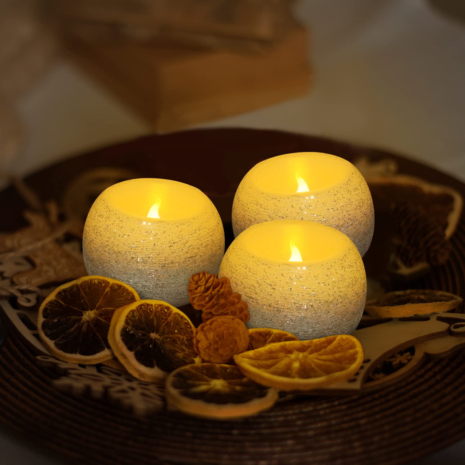 Furora Lighting Silver Glittery Real Wax Flameless Candles Pack Of 3, Led Flickering Round Candles Perfect For Wedding D  Cor, 2