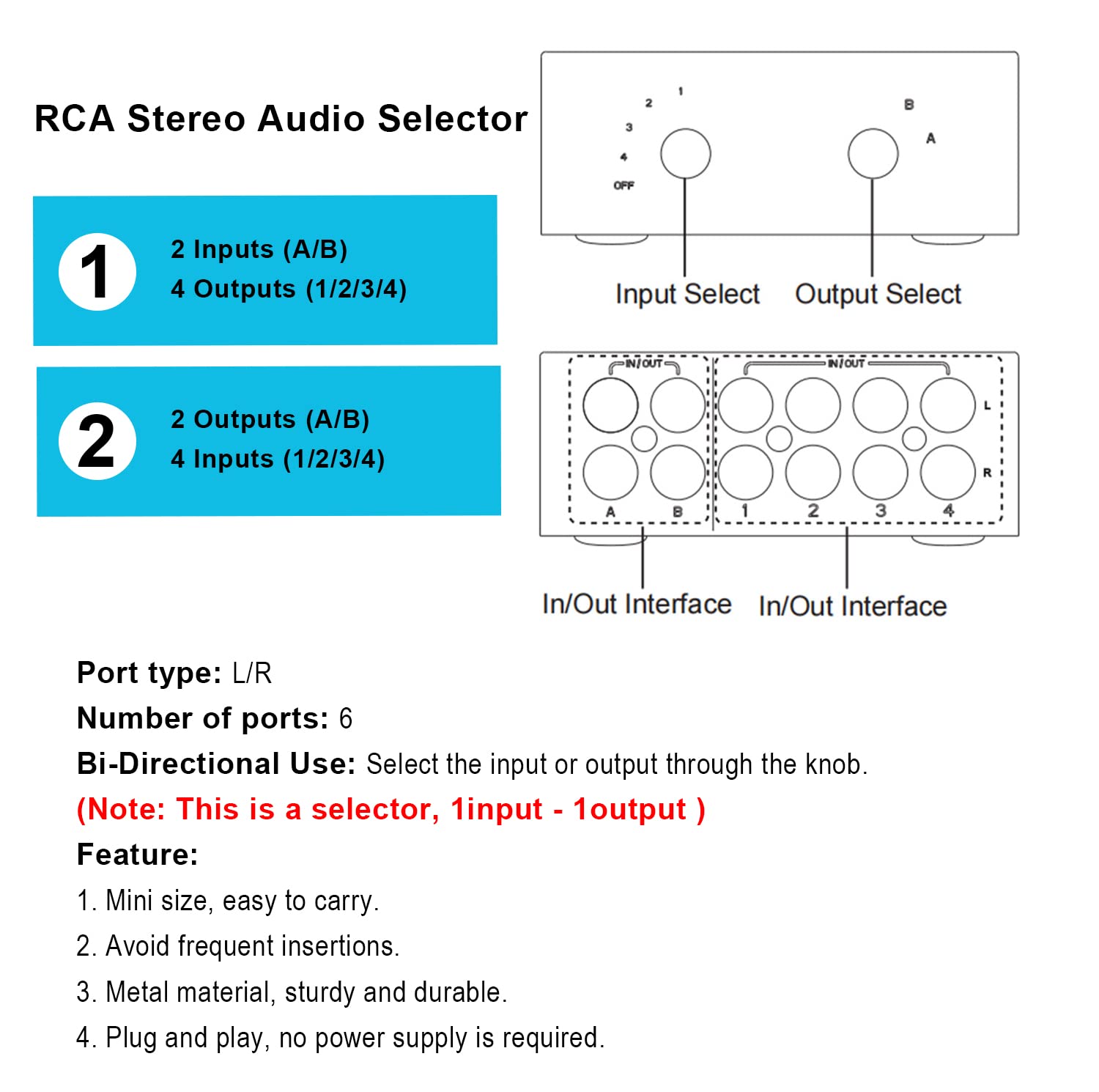 4 Way Stereo Audio Selector, Bi Directional L/R Stereo Audio Switcher Splitter Box Suitable For Connecting Blu Ray Players Or Dvd Players To Multiple Stereo Speakers