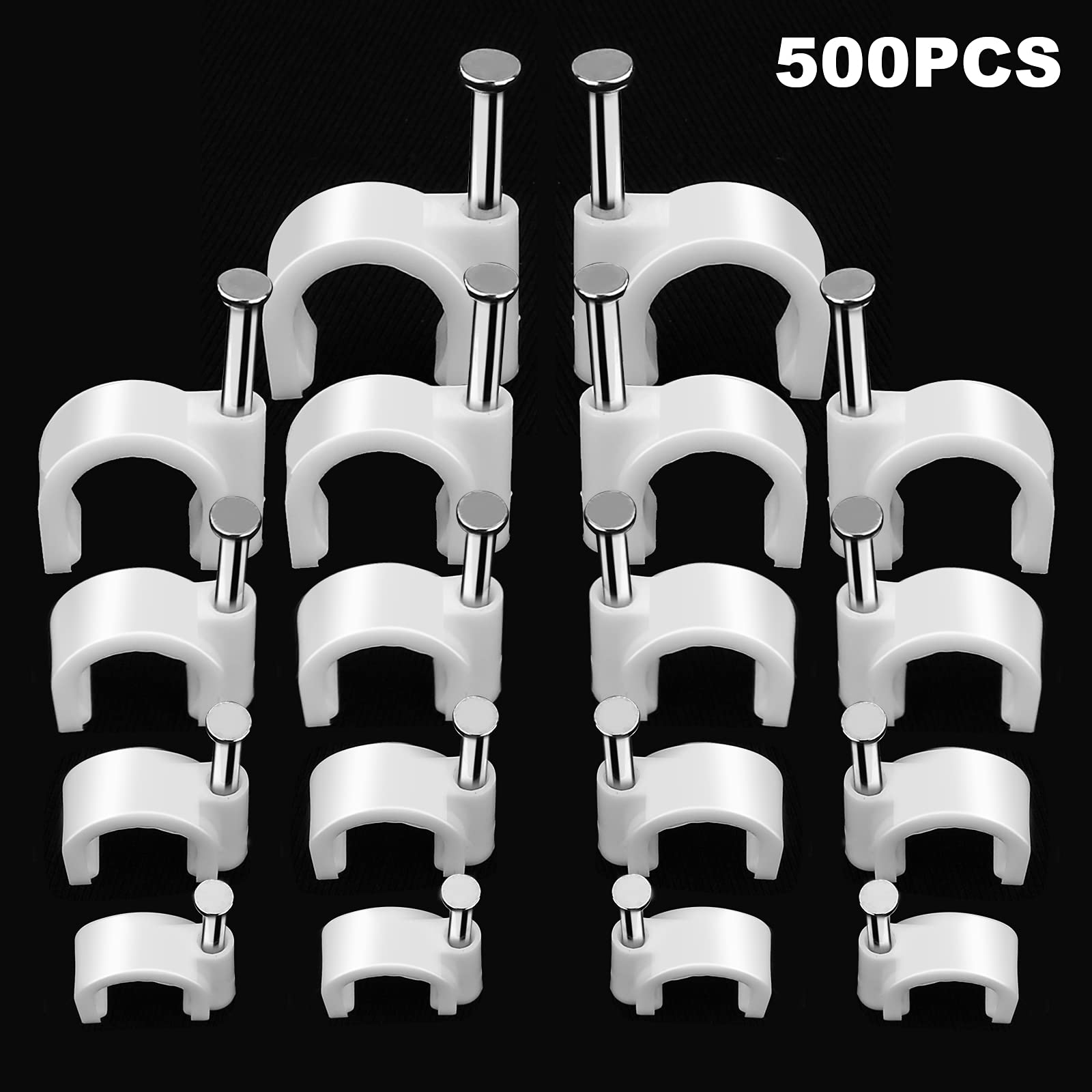 500Pcs Cable Clips With Steel Nail In Cable Clips White 4Mm 5Mm 6Mm 8Mm 10Mm For Rg6, Rg59, Cat6, Rj45 Cable Coax Cable, Etherne