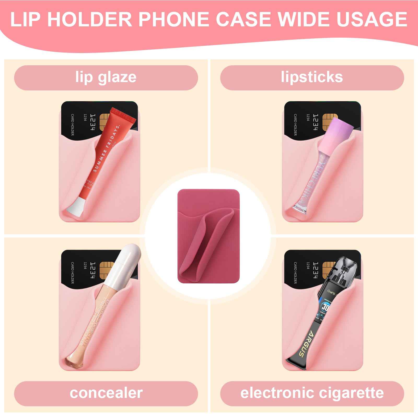 Loooghom Phone Case With Lip Gloss Holder, Card Slot, Compatible With Iphone And Android, Rose Red