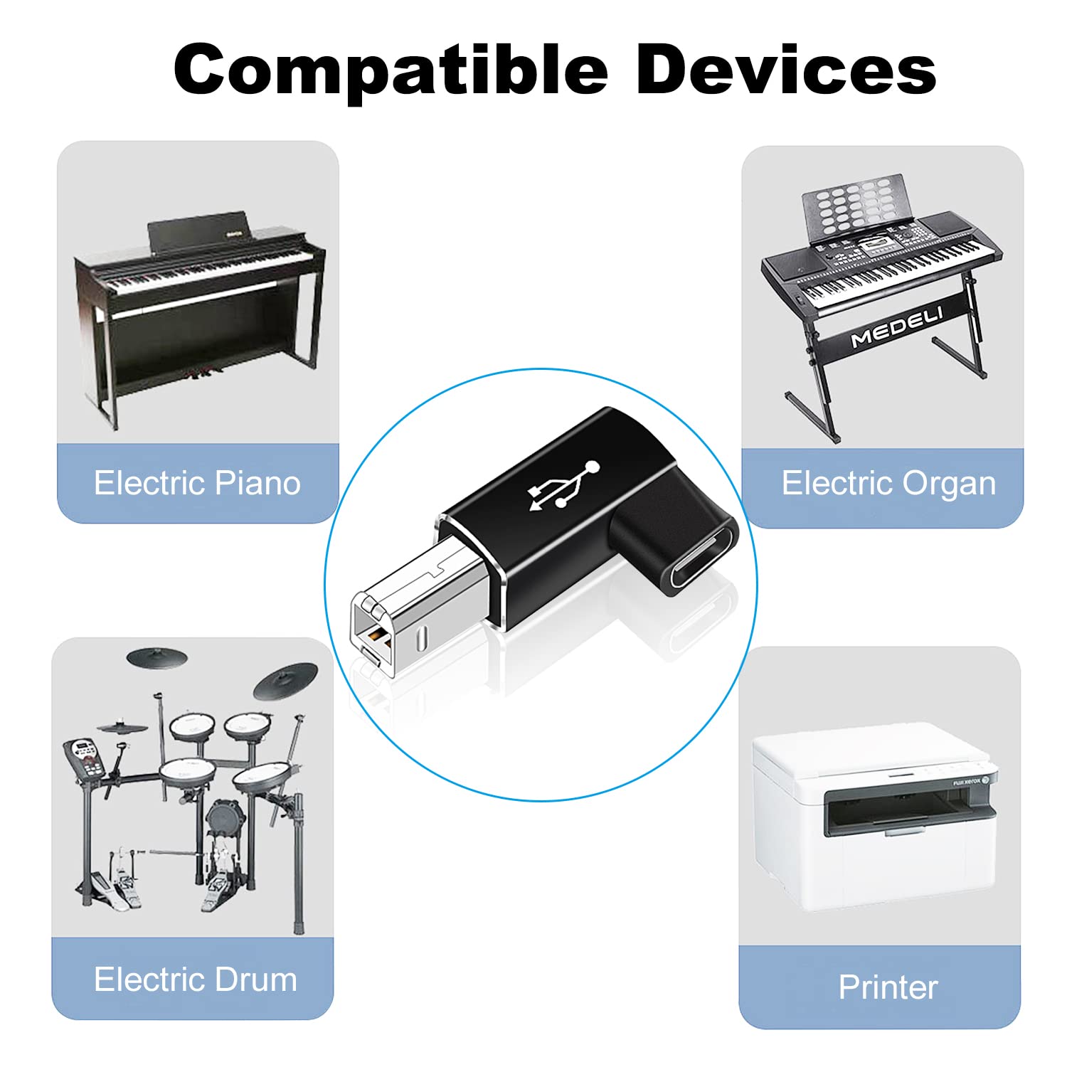 Areme 2 Pack Usb B To Usb C Adapter, 90 Degree Right Angle Type C Female To Midi Converter Compatible With Printer, Electric Pia