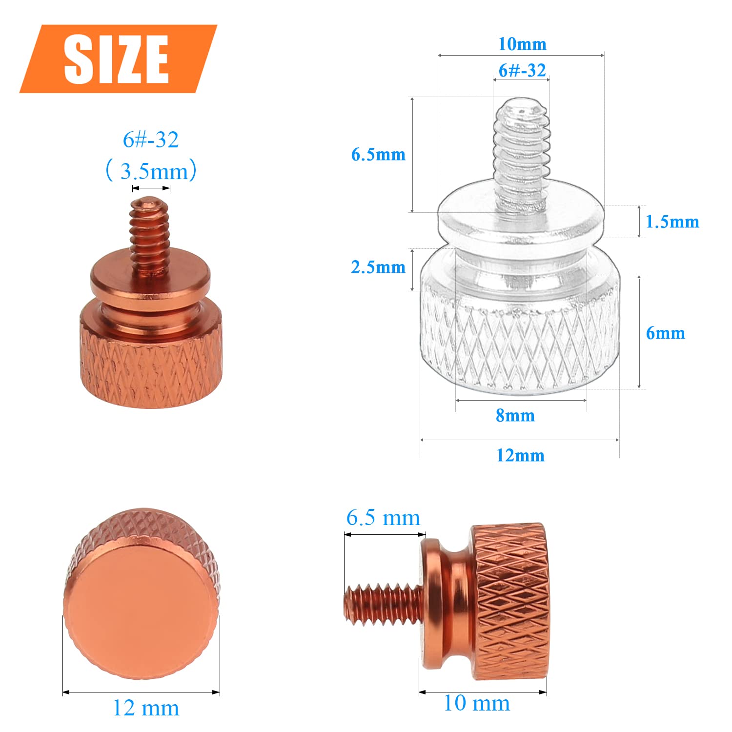 HELIFOUNER Computer Case Thumbscrews 6-32 Thread Anodized Aluminum Orange 10-Pack