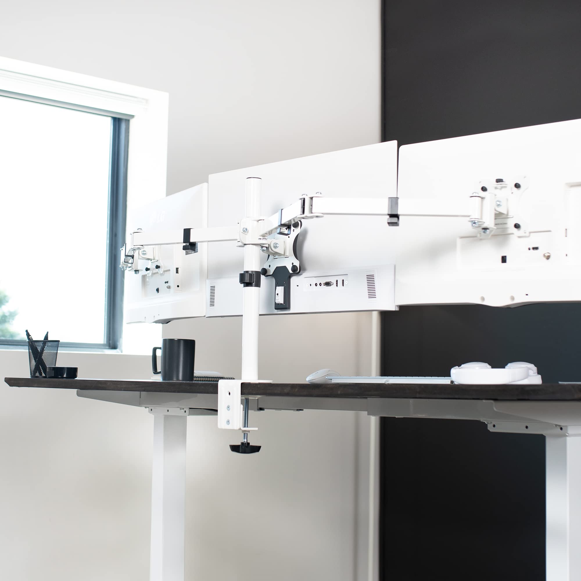 VIVO Triple Monitor Adjustable Desk Mount, Articulating Tri Stand, Holds 3 Screens up to 24 inches, White, STAND V003YW