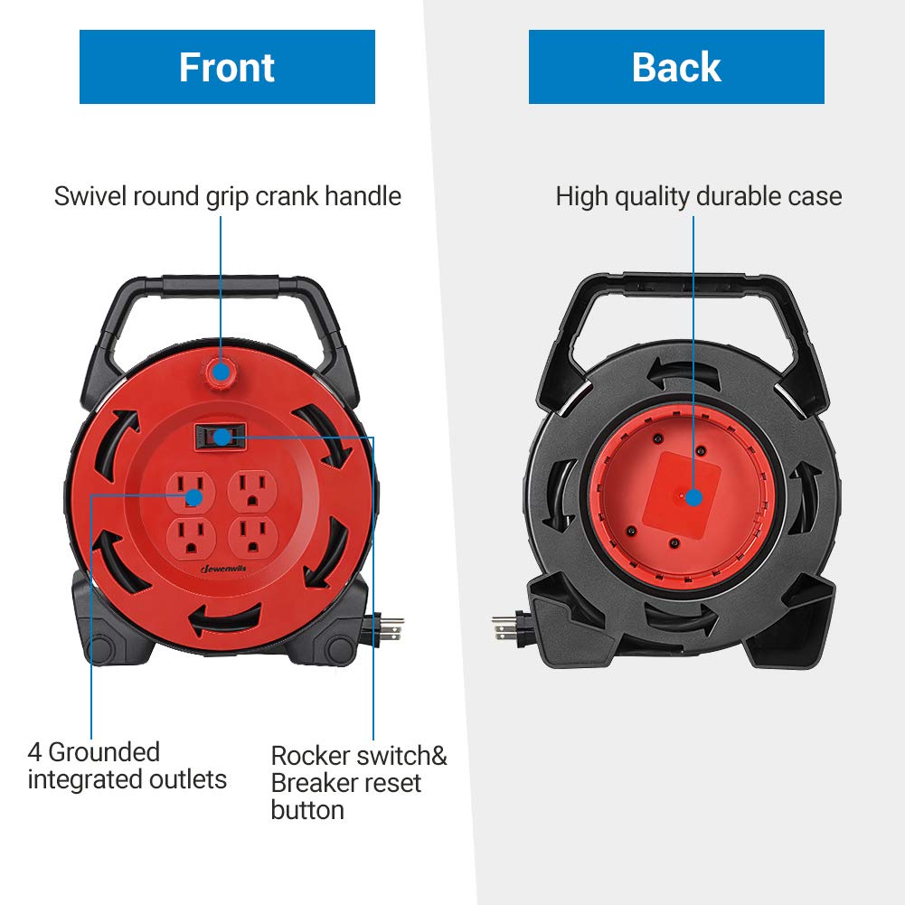 Dewenwils Extension Cord Reel With 30 Ft Power Cord, Hand Wind Retractable, 16/3 Awg Sjtw, 4 Grounded Outlets, 13 Amp Circuit Br