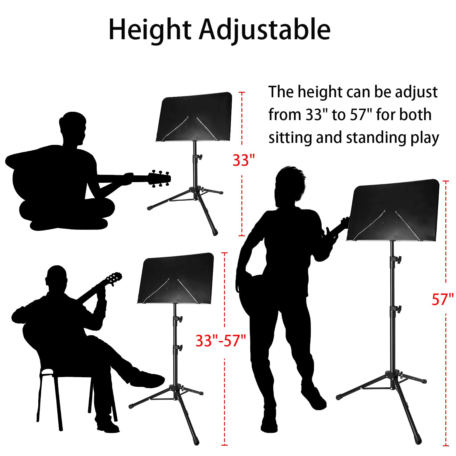 Sheet Music Stand With Light And Phone Holder, 57'' Portable Music Stand For Sheet Music High Stability, Height Adjustable Music