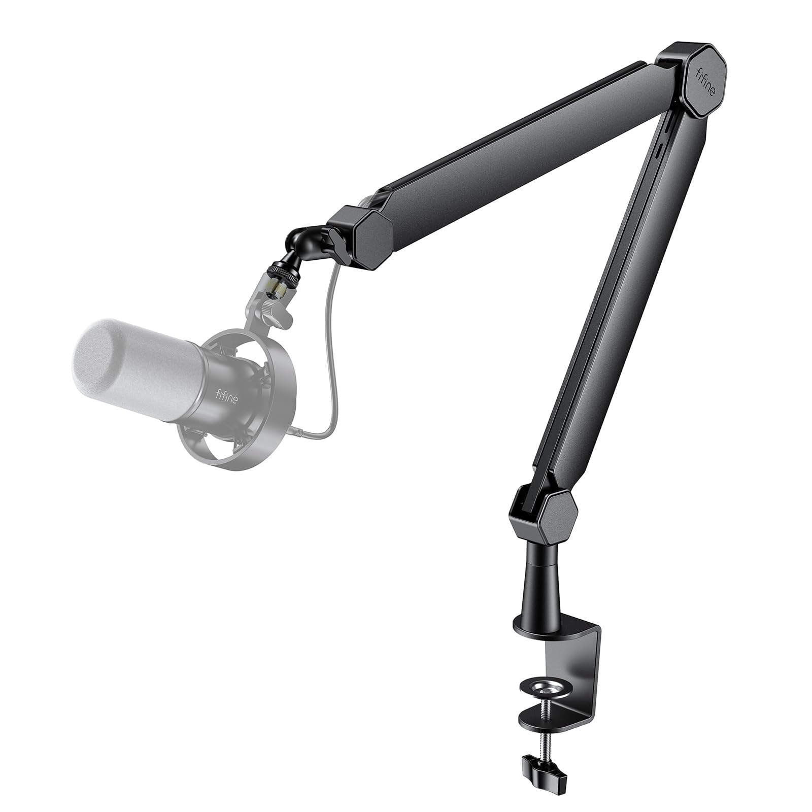 FIFINE Mic Arm Stand, Microphone Boom Arm with Desk Clamp, Cable Channels, 3/8 to 5/8 Threads, Heavy Metal Microphone Stand for 