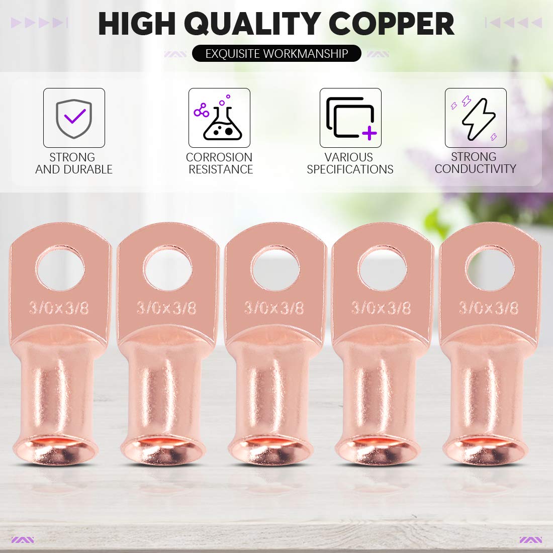 Swpeet 6Pcs 3/0 Awg   3/8'' (M10) Ring Terminals Ul Listed Copper Battery Cable Lugs Wire Lugs, Battery Cable Ends Bare Copper E