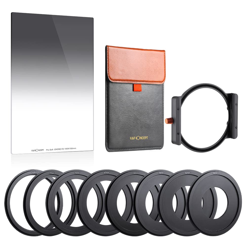 K&F Concept Soft Gnd8 (3 Stops) + Metal Filter Holder + 8 * Adapter Ring Square Filter Kit, 100X150Mm Soft Graduated Neutral Den