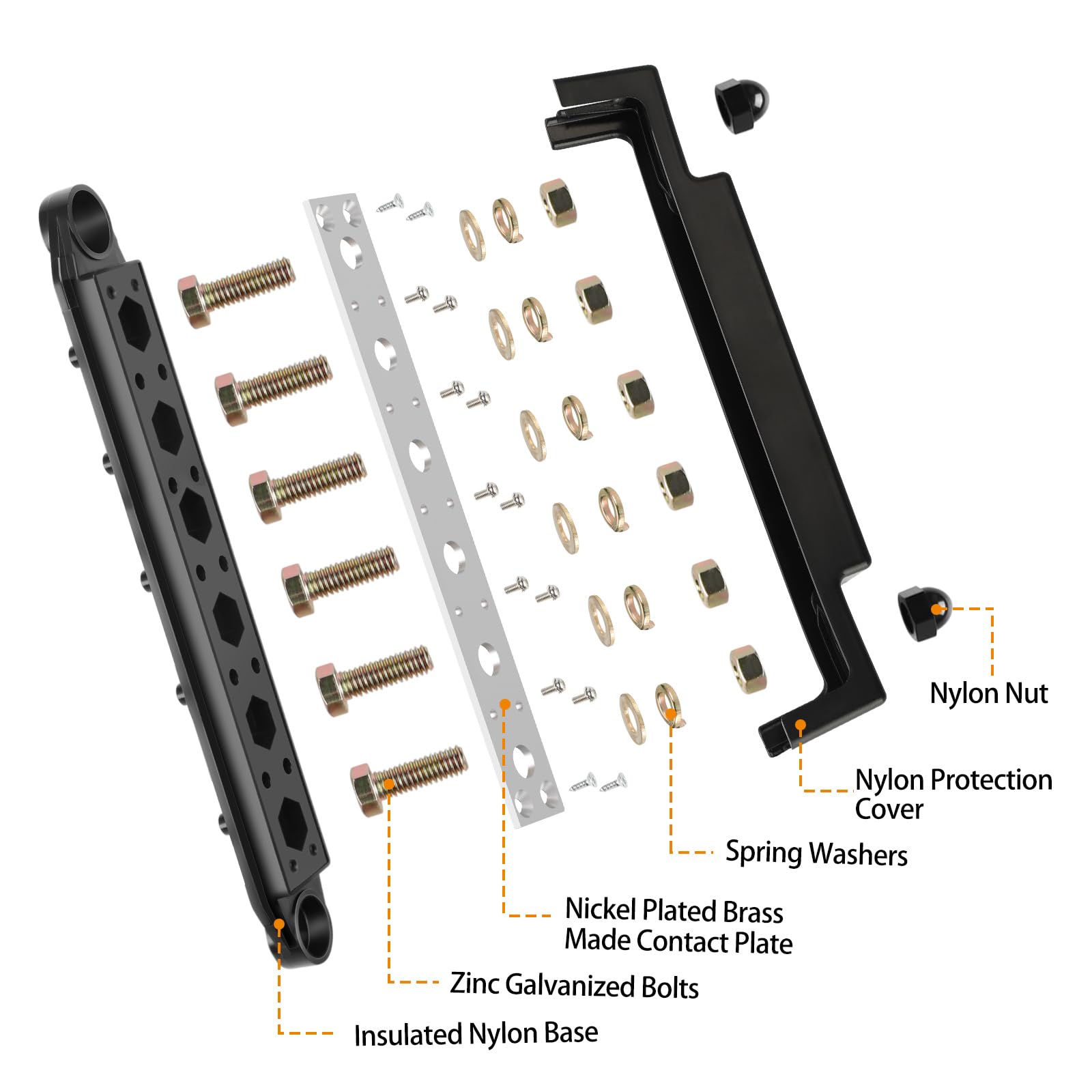 Mofeez Power Distribution Block Bus Bar, 6 X 3/8' Posts, 10 X #8 Screws Terminals, Max 48V 250A (Pair, Red & Black)