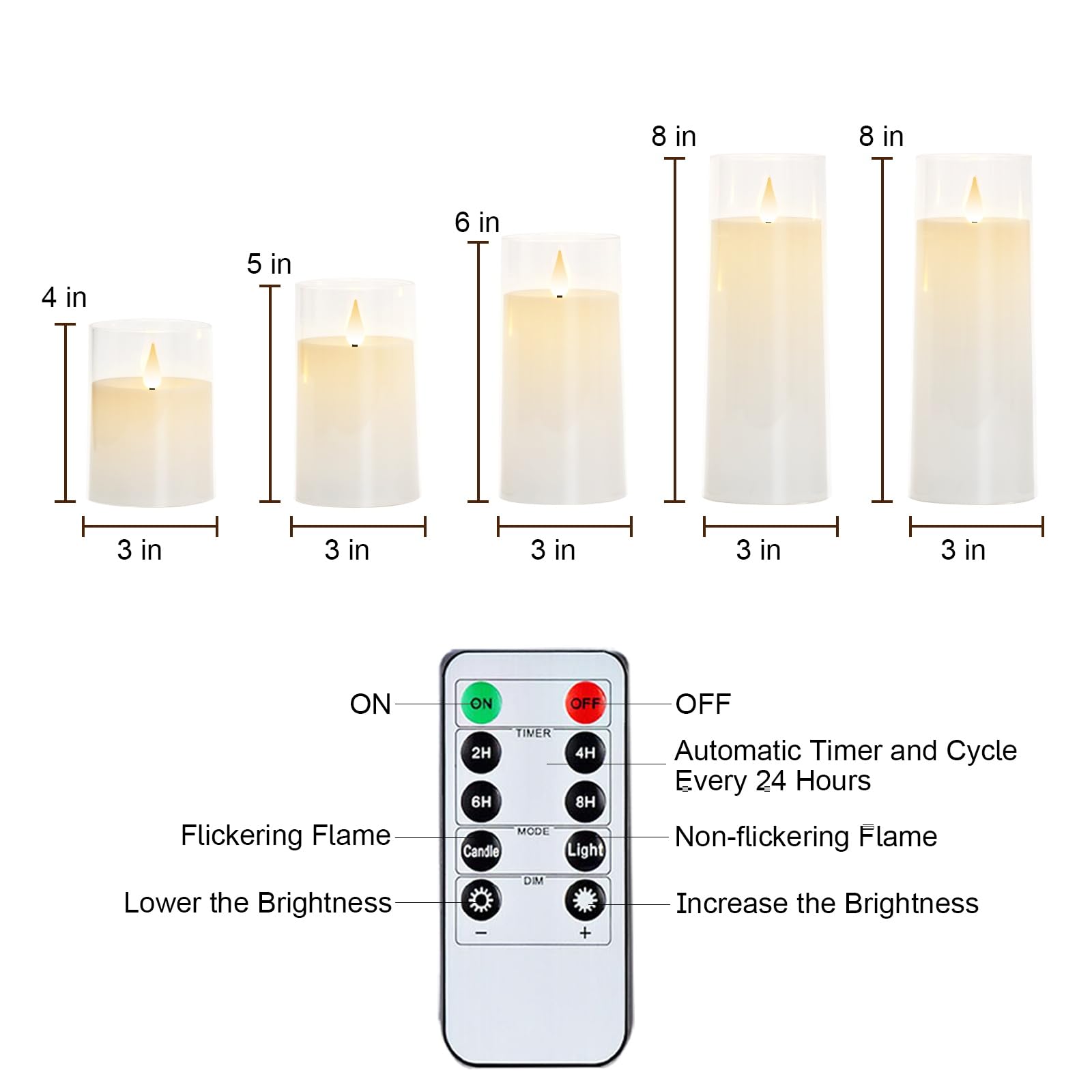 Raycare White Battery Operated Candles Flameless Candles With Timer And Remote, 5 Pcs Acrylic Flickering Led Pillar Candles For