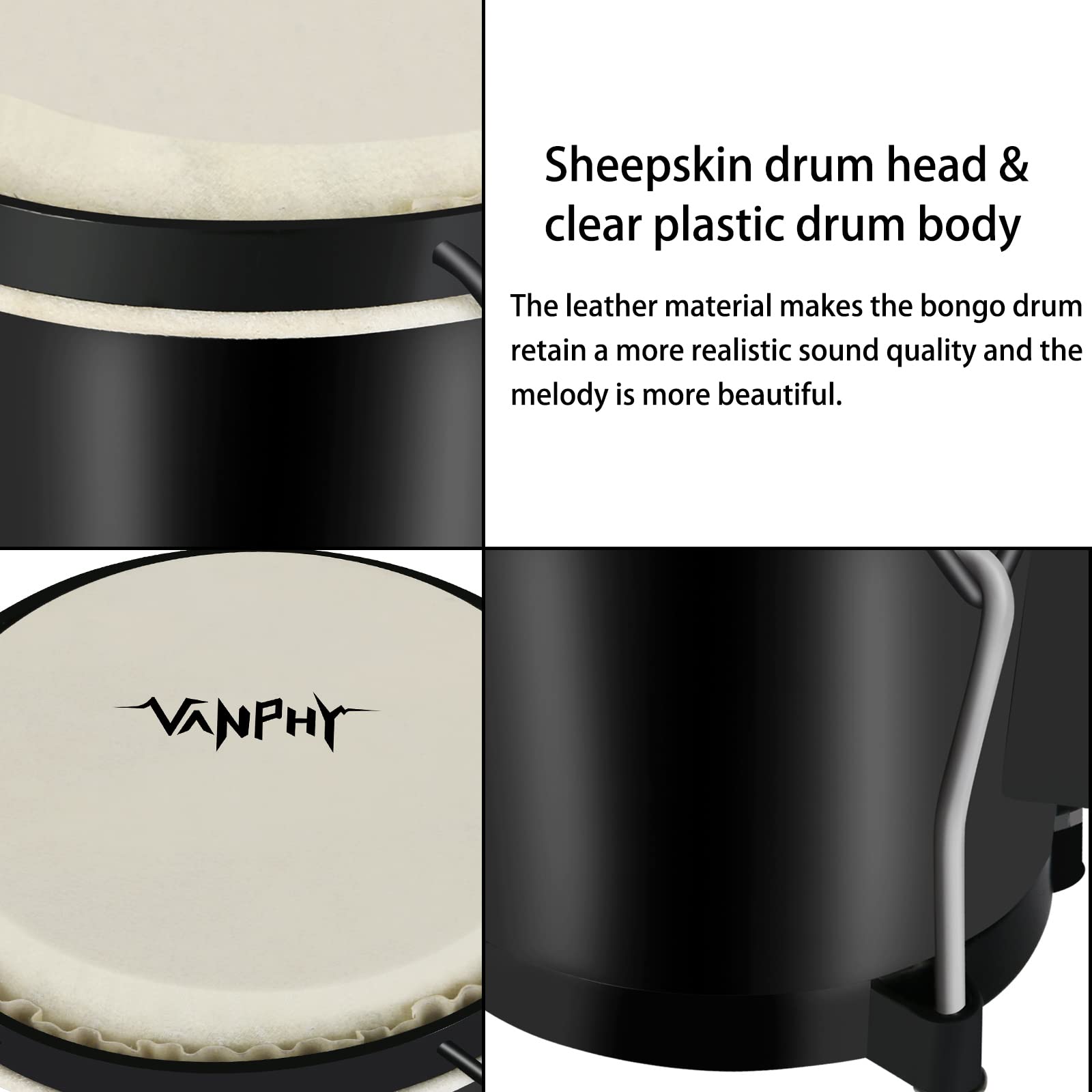 Vanphy Bongo Drum Set For Kids Beginners, Natural Adult Bongos With Tuning Wrench, Transparent Bongo Drums 6'' And 7'' Tunable ,