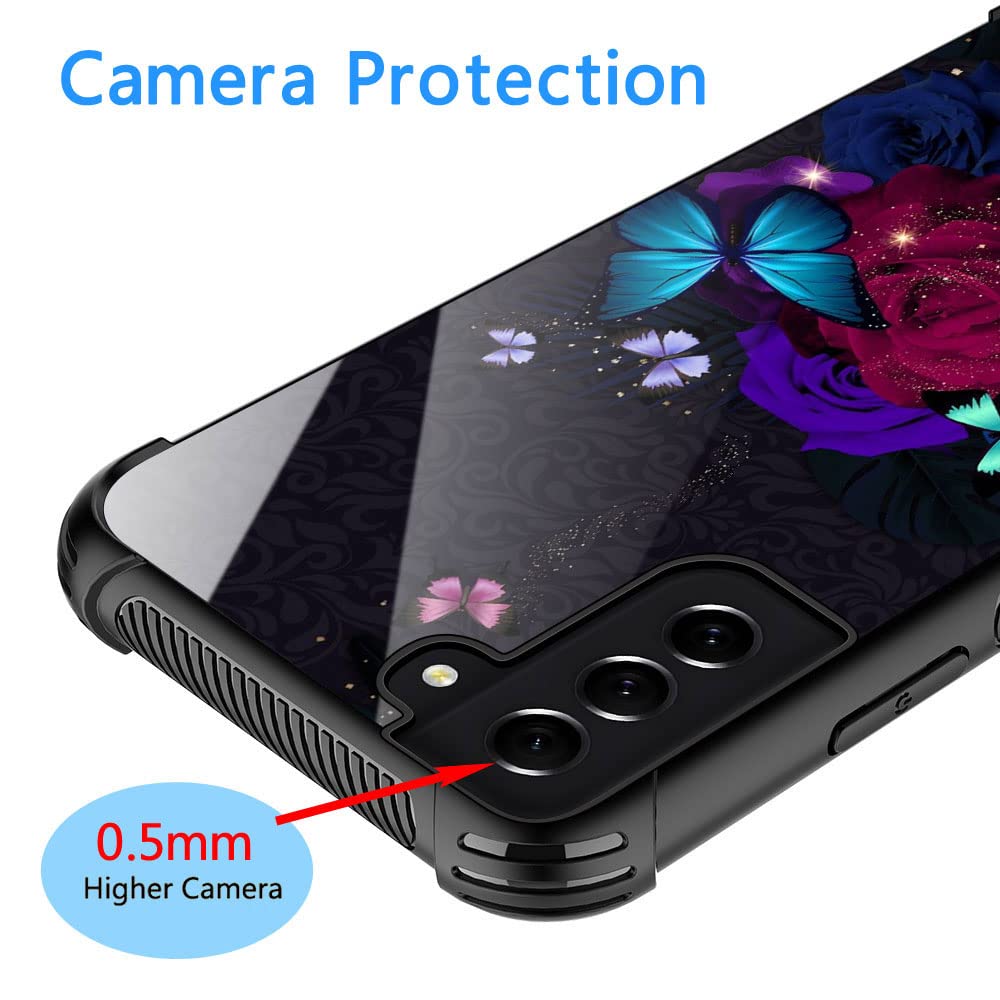 ZHEGAILIAN Phone Case for Samsung Galaxy S21 Plus 5G Butterfly Roses Design TPU Organic Glass Blue Red 6.7-inch