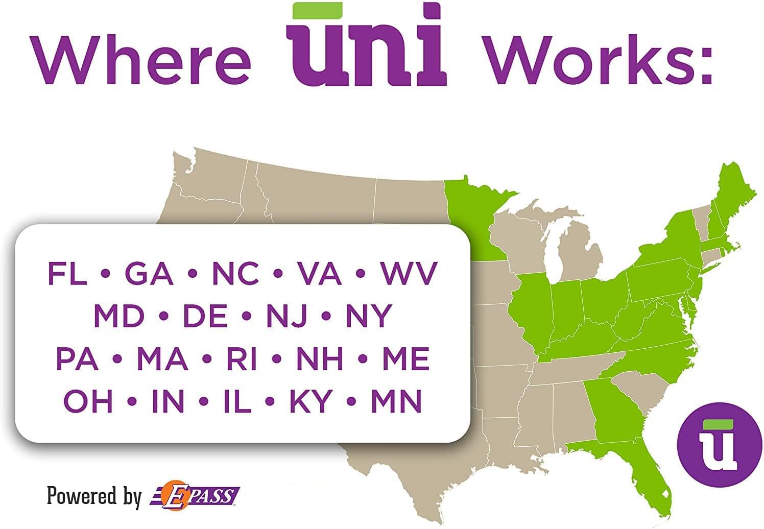 Uni Prepaid Portable Toll Pass By E Pass   Works In 19 States Including Fl, Ga, Nc, Va, Wv, Md, De, Nj, Ny, Pa, Ma, Ri, Nh, Me,