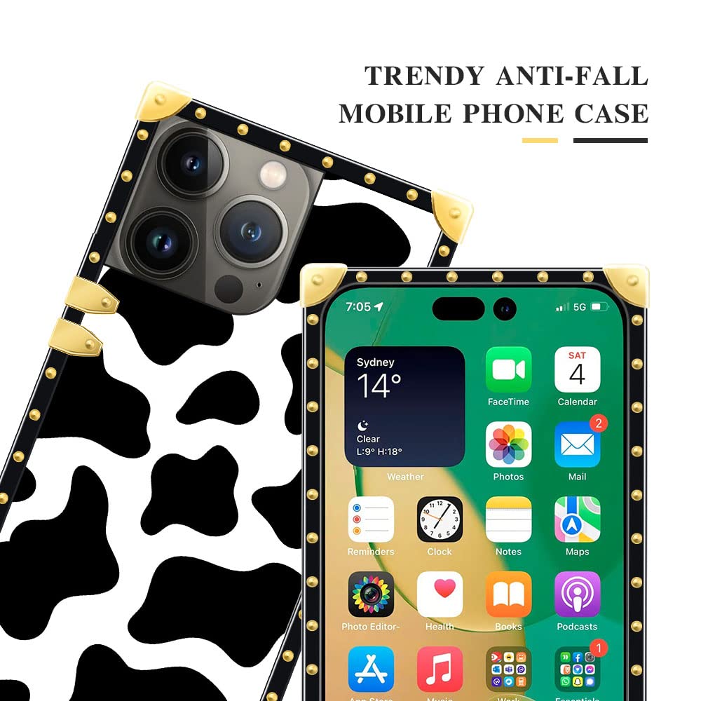 Pinsheng Phone Case Compatible with iPhone 14 Pro Max, Cow Print Square Shockproof TPU Metal Corner 6.7 inch