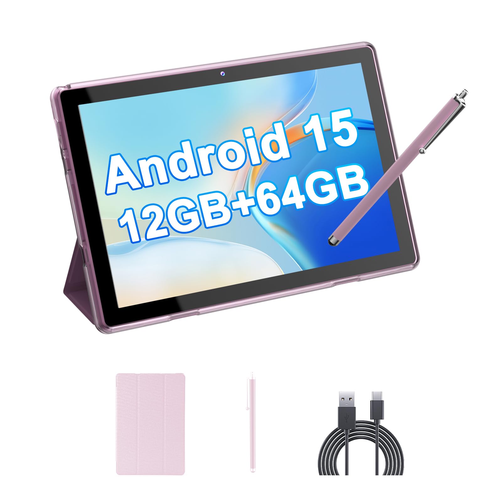 HOTTABLET Tablet 10-inch Android 15, RAM 12GB(4+8Expand) +ROM 64GB, 2+8MP Dual Camera, 6000mAh Battery (Tablet+case+Stylus)(Pink