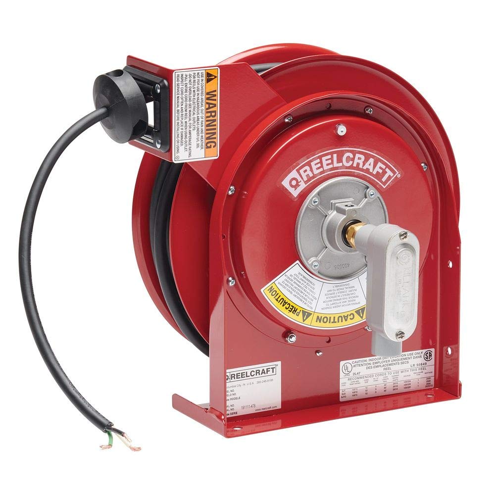 Reelcraft L 4545 123 X Heavy Duty Cord Reel, 12 AWG/3 Conductors x 45, 16 AMP, Flying Leads, Red