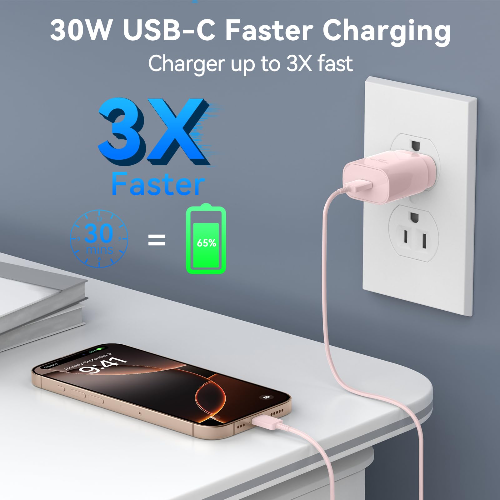 Usb C Phone 16 15 Pro Max Charger Fast Charging Block, 30W Usb C Charger With 10Ft Usb C Fast Charging Long Cable Cord For Phone