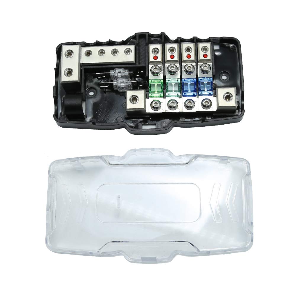 Anxingo 4 Way Car Audio Stereo With Ground Mini Anl Fuse Box Holder Distribution Blocks 0/4Ga Fuses Holder 30A 60A 80Amp, Led In