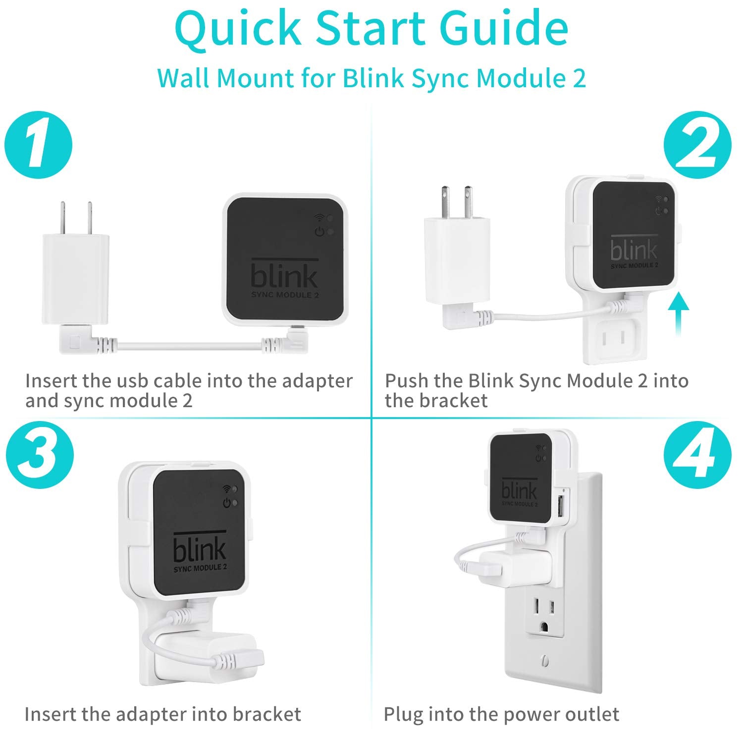 Outlet Wall Mount For Blink Sync Module 2, Mounting Bracket Holder With Short Cable For All New Blink Outdoor Indoor Home Securi