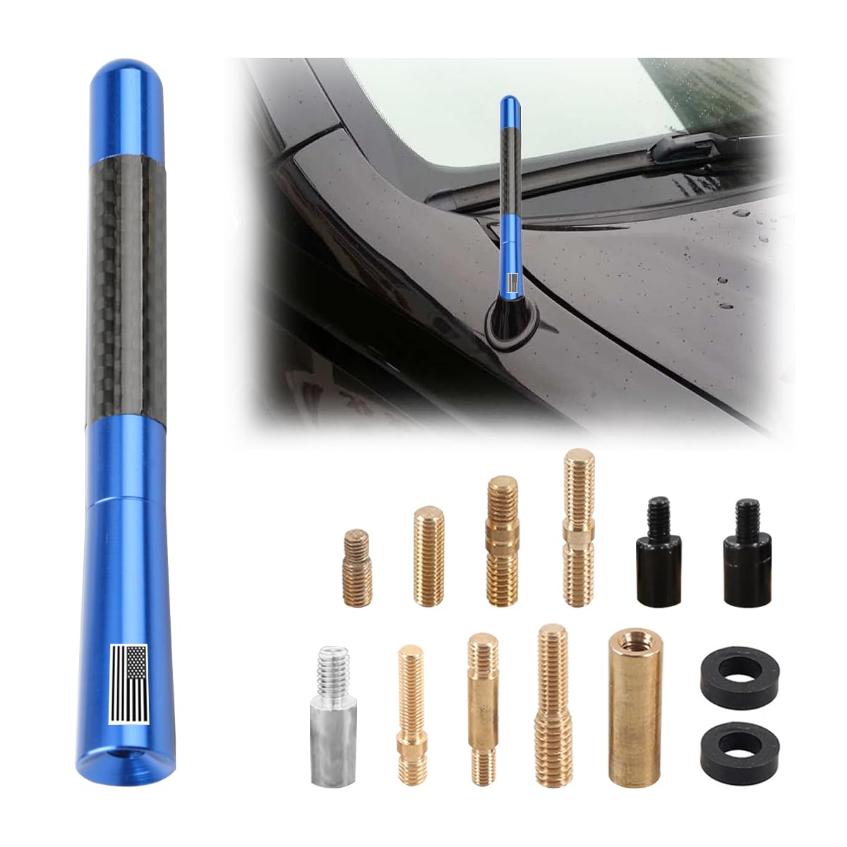 BESULEN Car Short Antenna, 4.7 Inch Carbon Fiber American Flag Aluminum Auto Radio Antenna for AM/FM Reception, Universal Replac